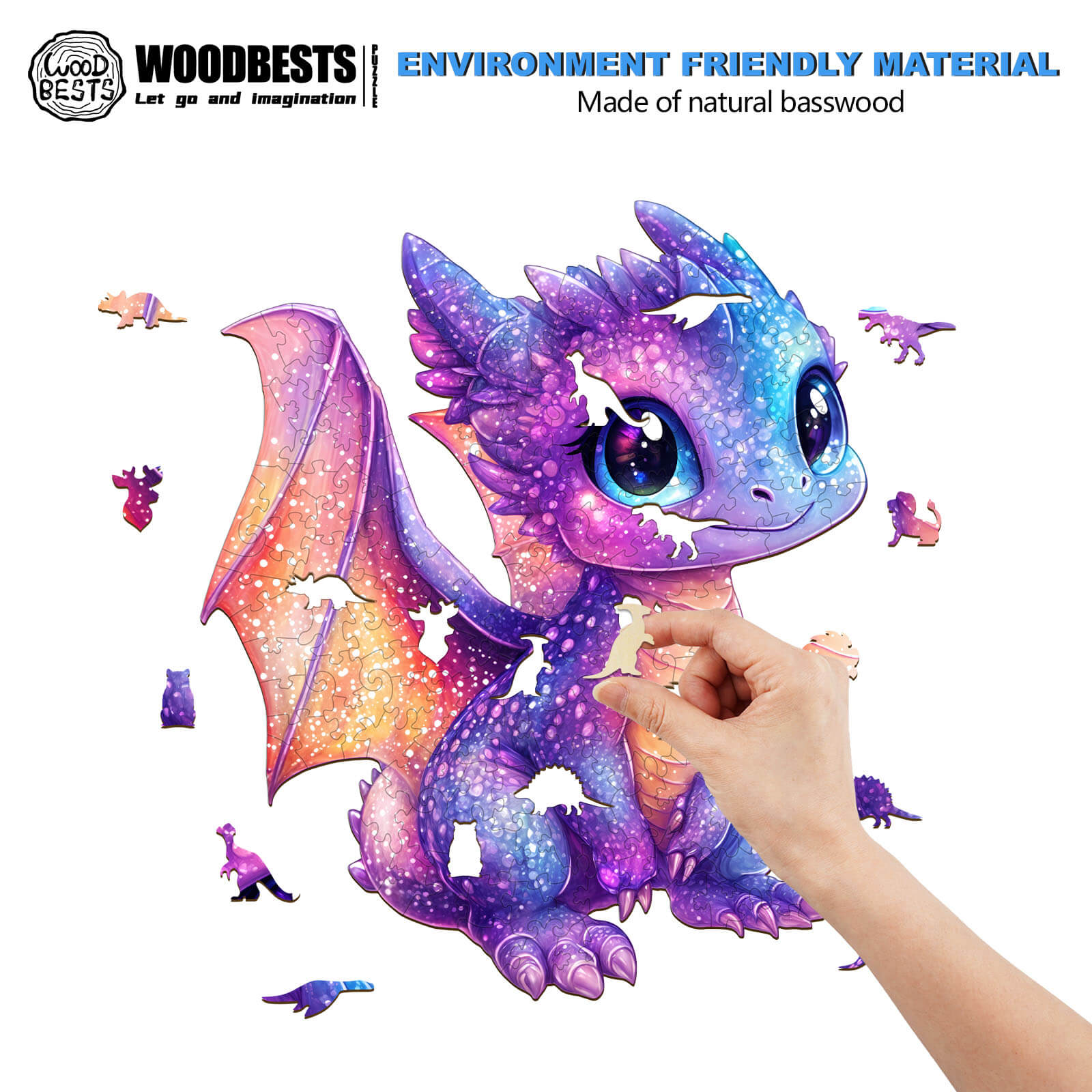 Hand assembling the Glittering Dragon wooden jigsaw puzzle made of eco-friendly natural basswood.