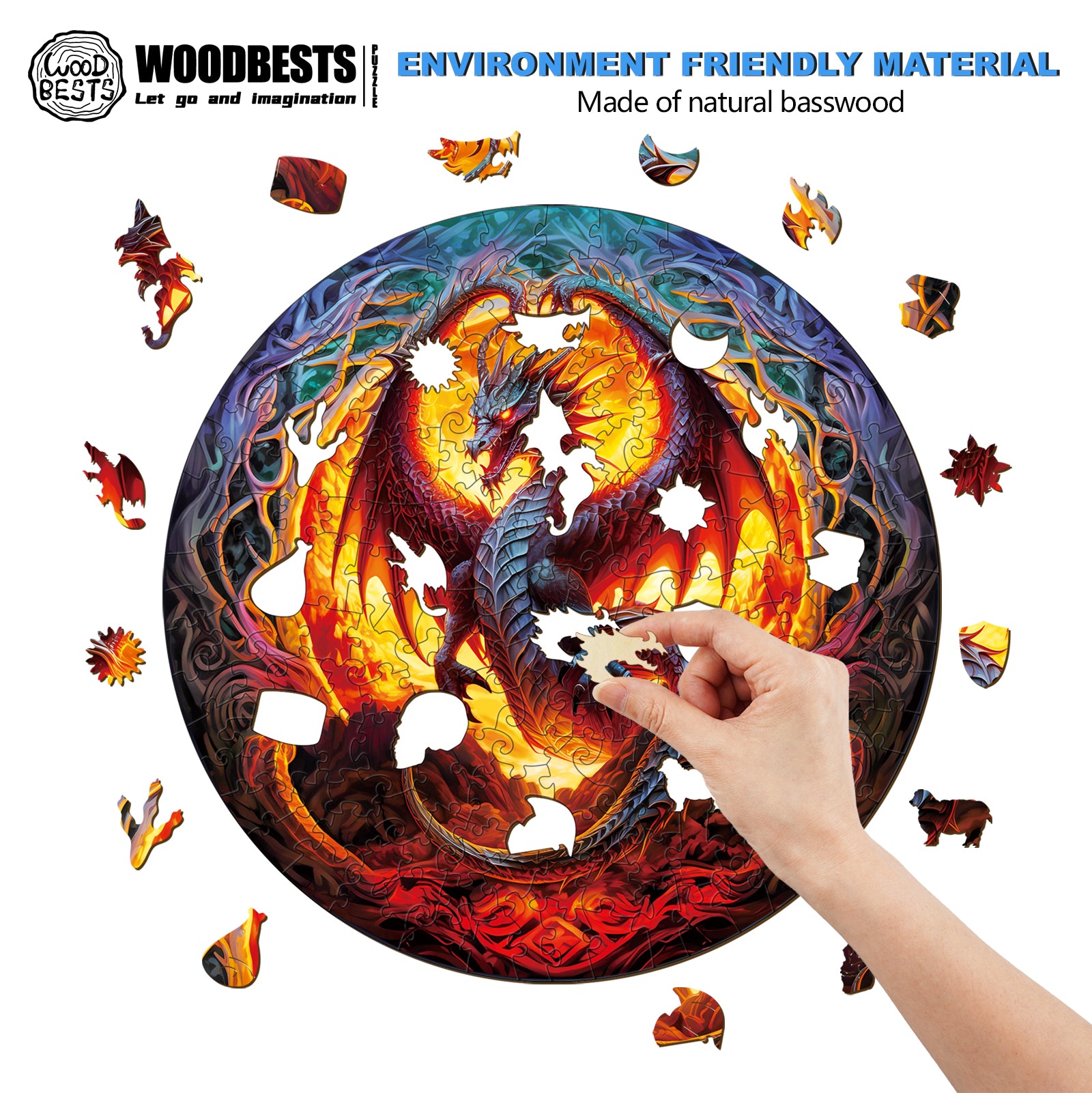 Person assembling the Fiery Dragon-2 wooden jigsaw puzzle made from eco-friendly natural basswood.