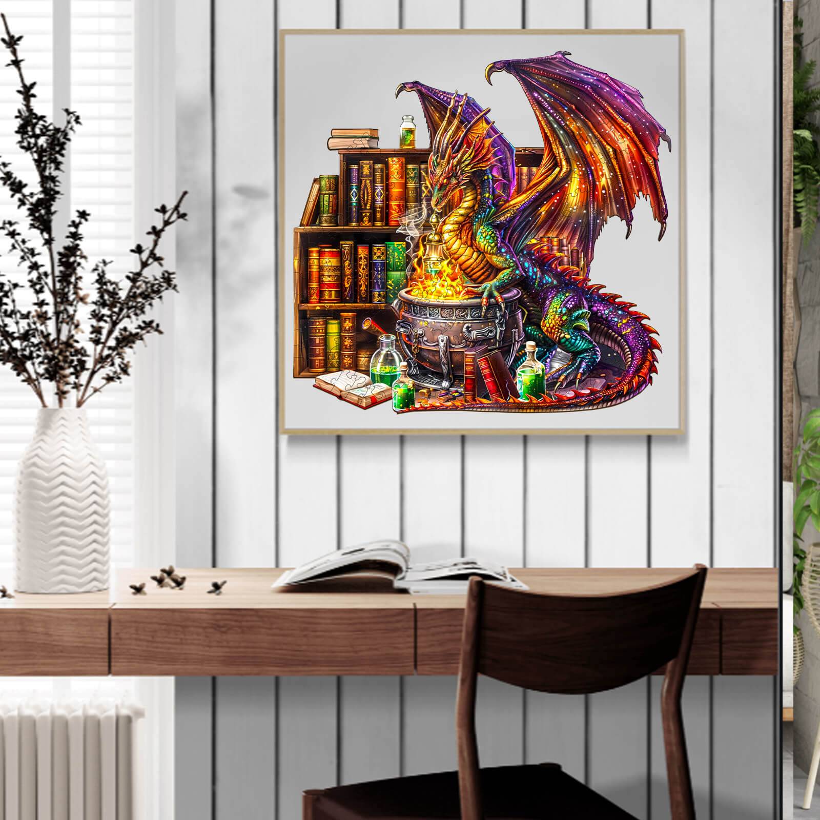 Colorful dragon guarding a bubbling cauldron with potion bottles and ancient books in a cozy setting.