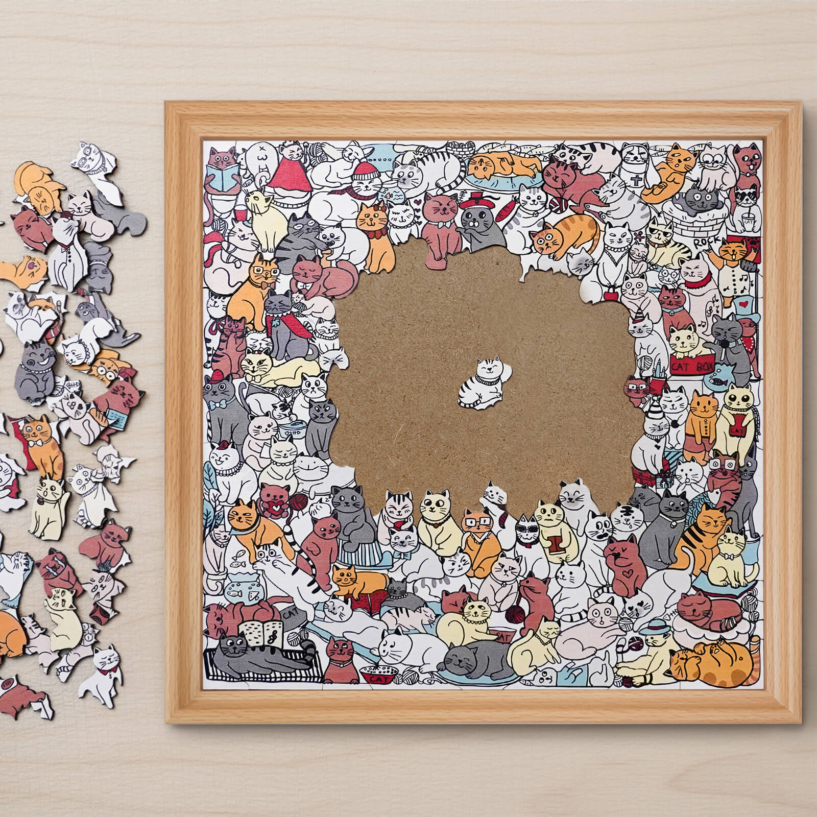 Puzzle carré en bois 175 pièces couleur Morandi en forme de chat mignon