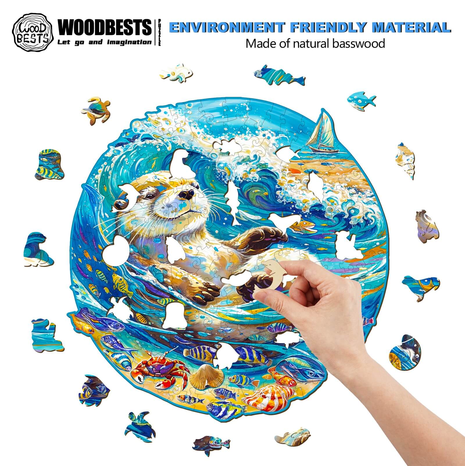 Hand assembling the Leisurely Otter wooden jigsaw puzzle with colorful ocean scene and fish, made from natural basswood.