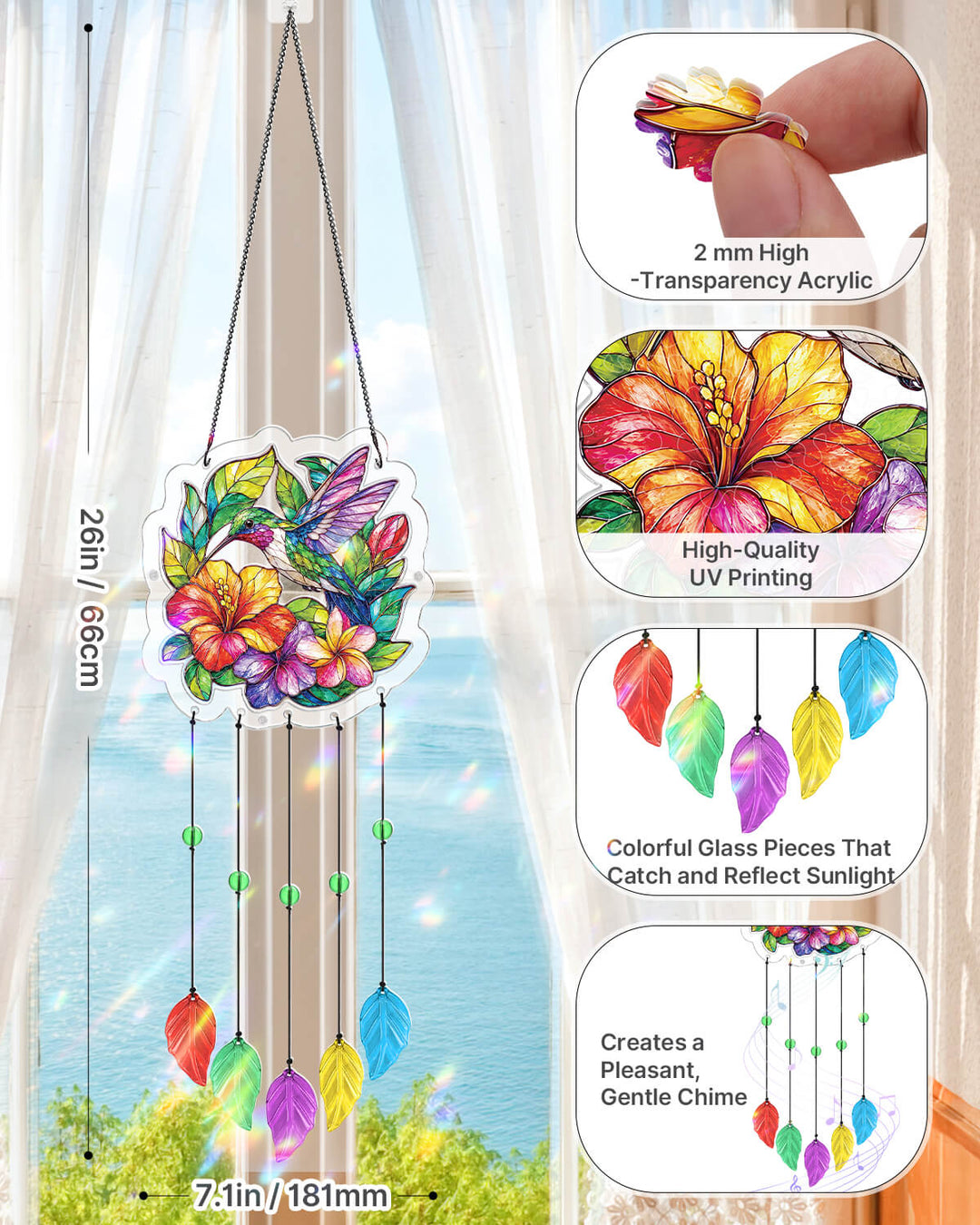Acrylic Puzzle Suncatcher Wind Chime - Hummingbird Garden