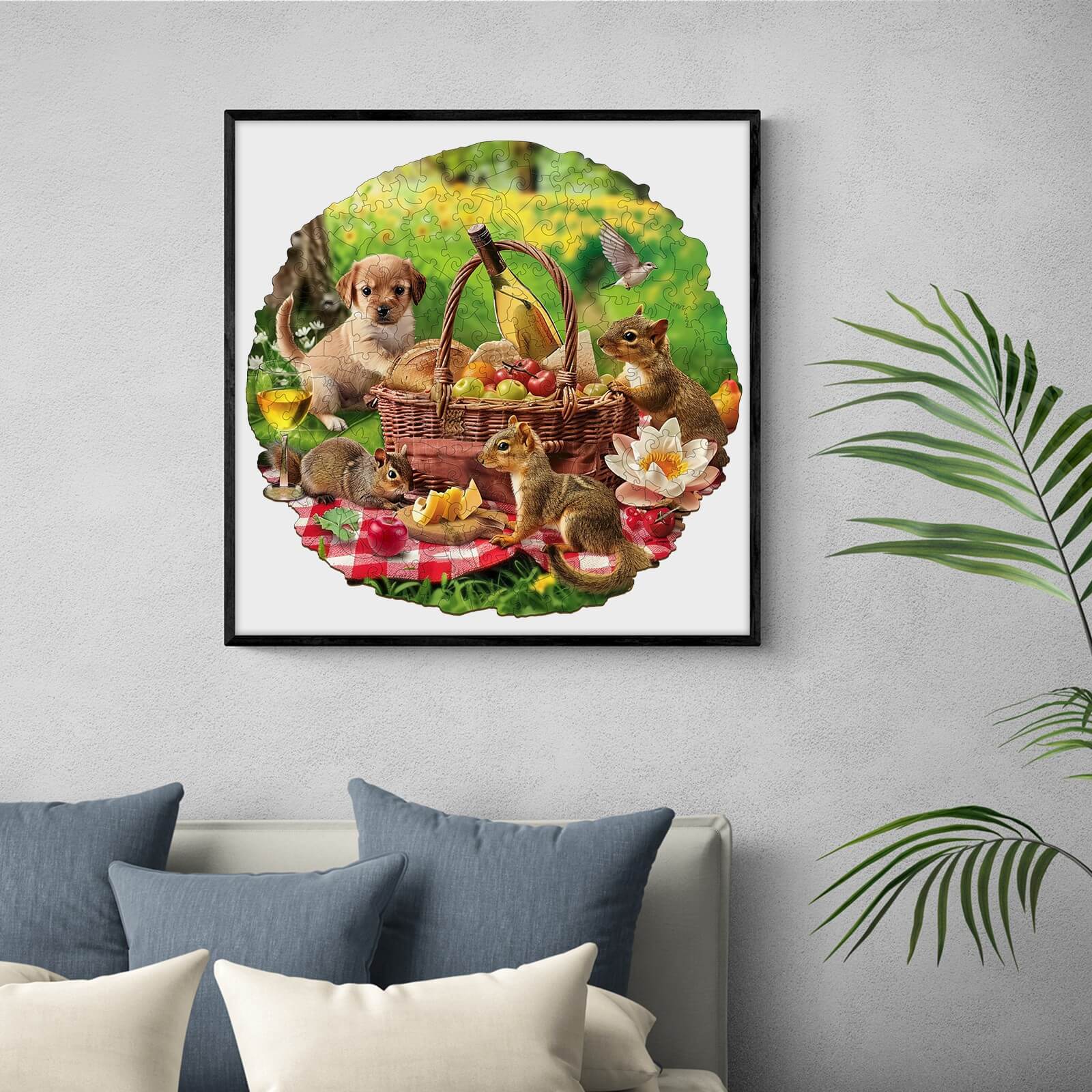 Colorful animal picnic scene with a puppy and squirrels enjoying fruits at a picnic basket in a vibrant setting.