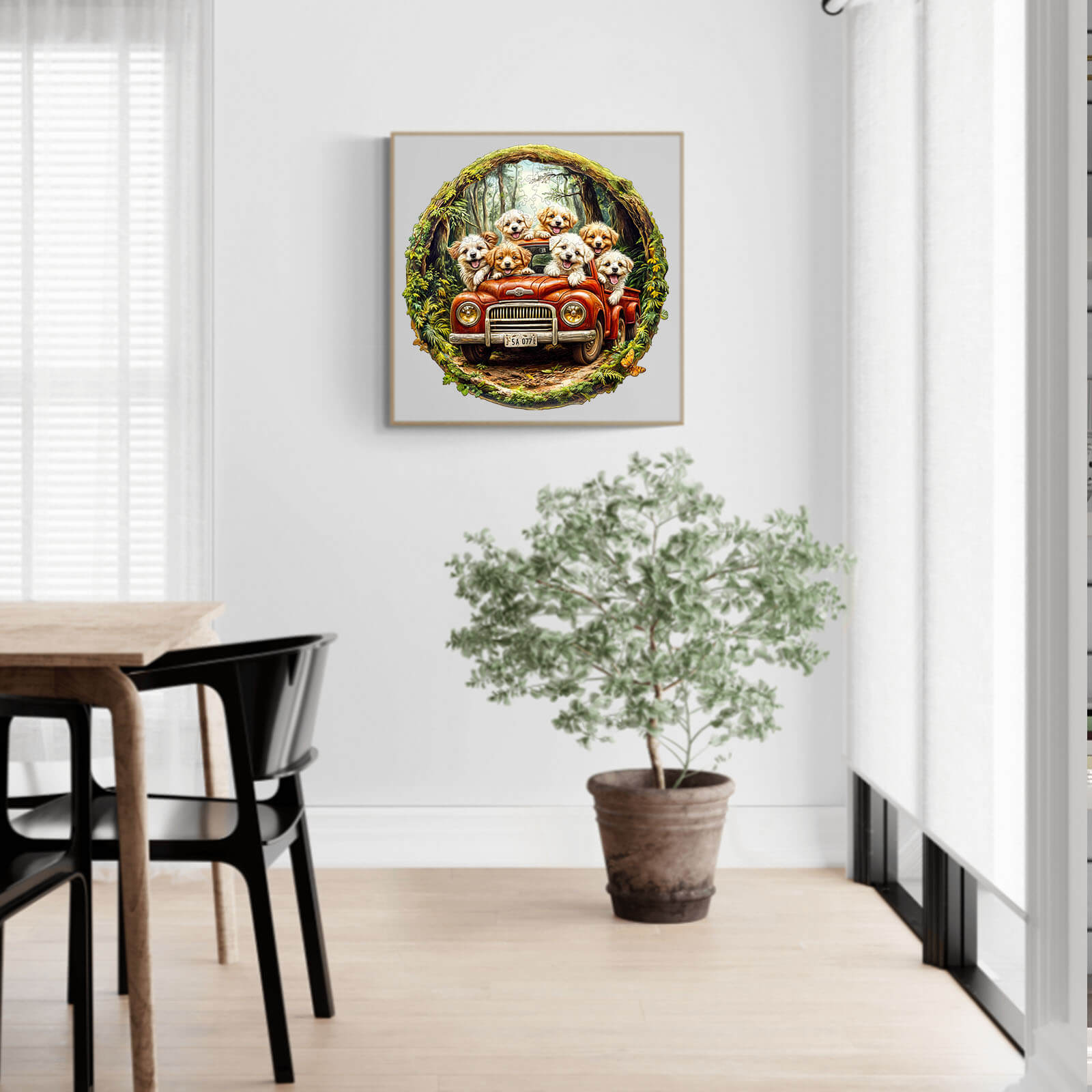 Decorative wall art featuring playful puppies in a vintage car, enhancing a cozy and stylish interior.
