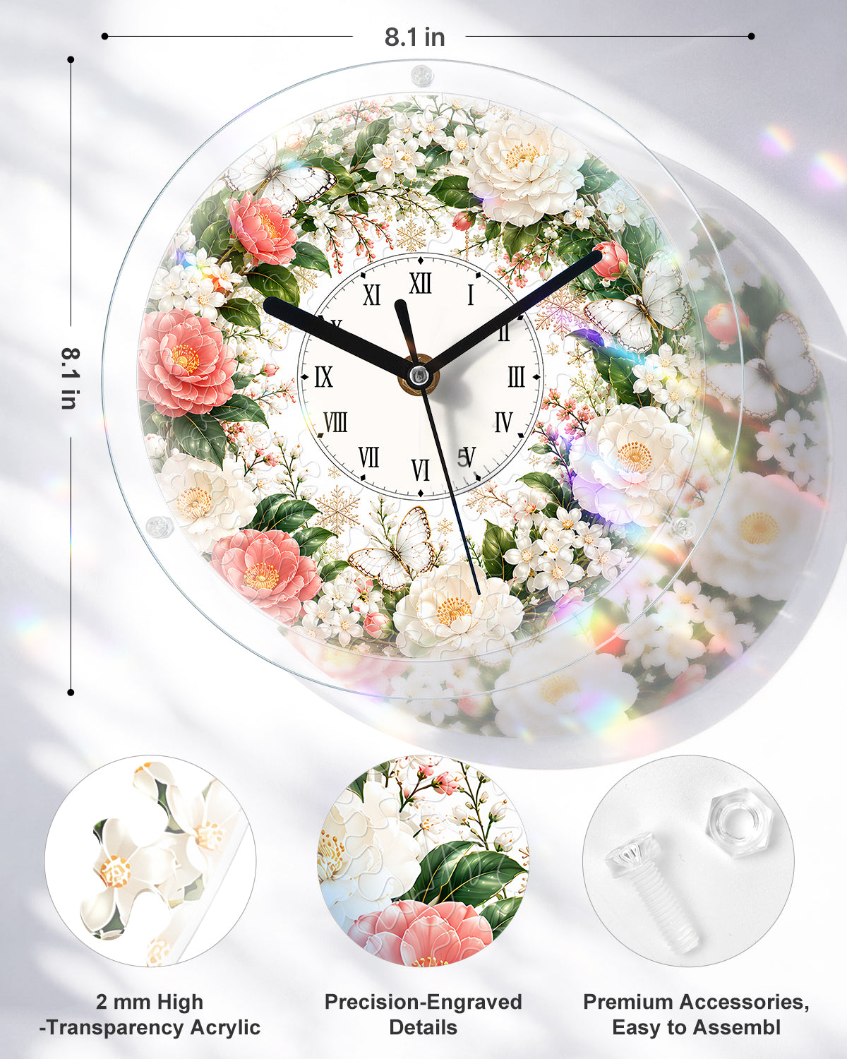 DIY Acrylpuzzle-Uhr Bausatz - Rosa Weiße Rosen