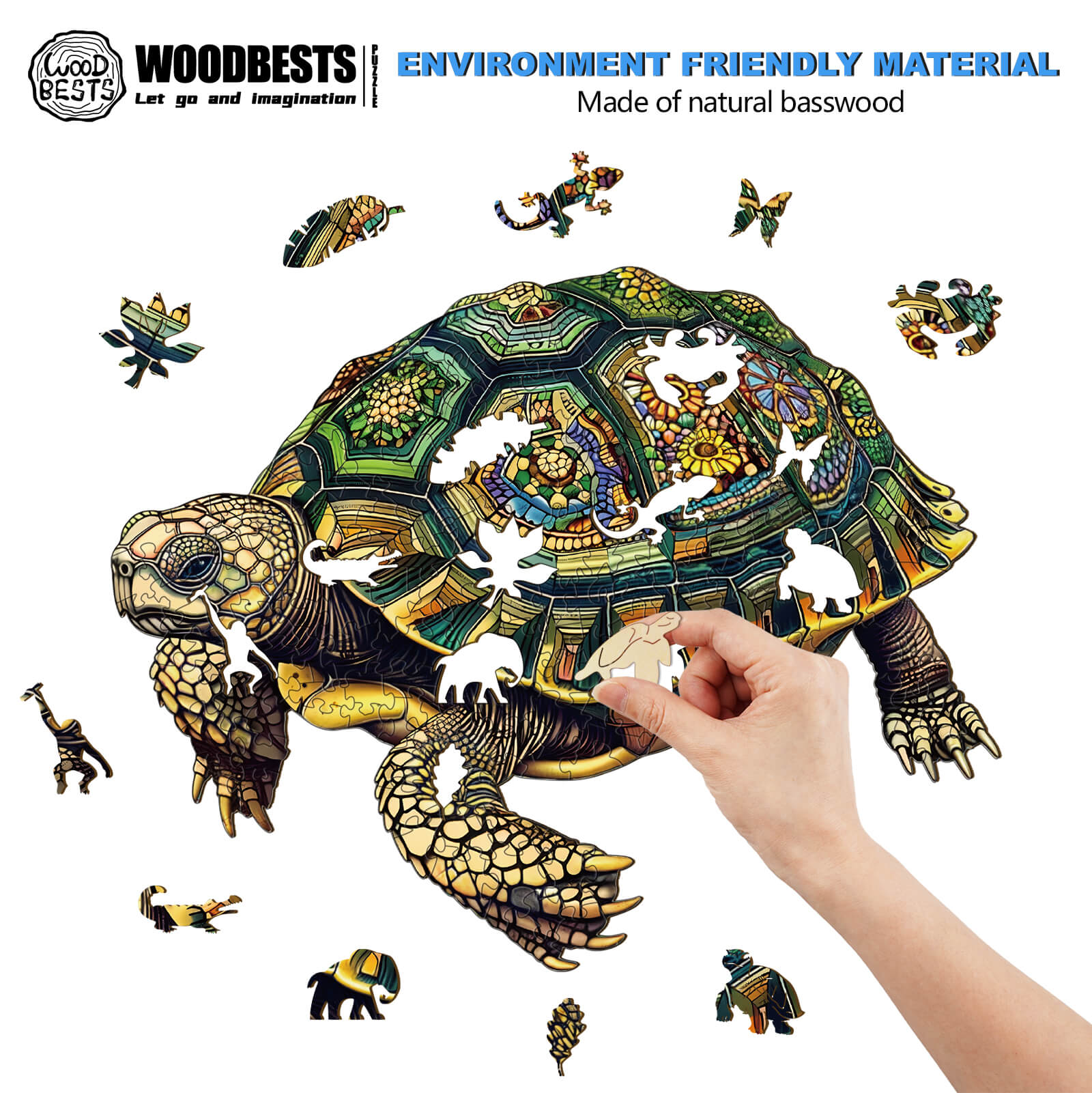 Wise Turtle wooden jigsaw puzzle with colorful pieces being assembled, made from eco-friendly natural basswood.