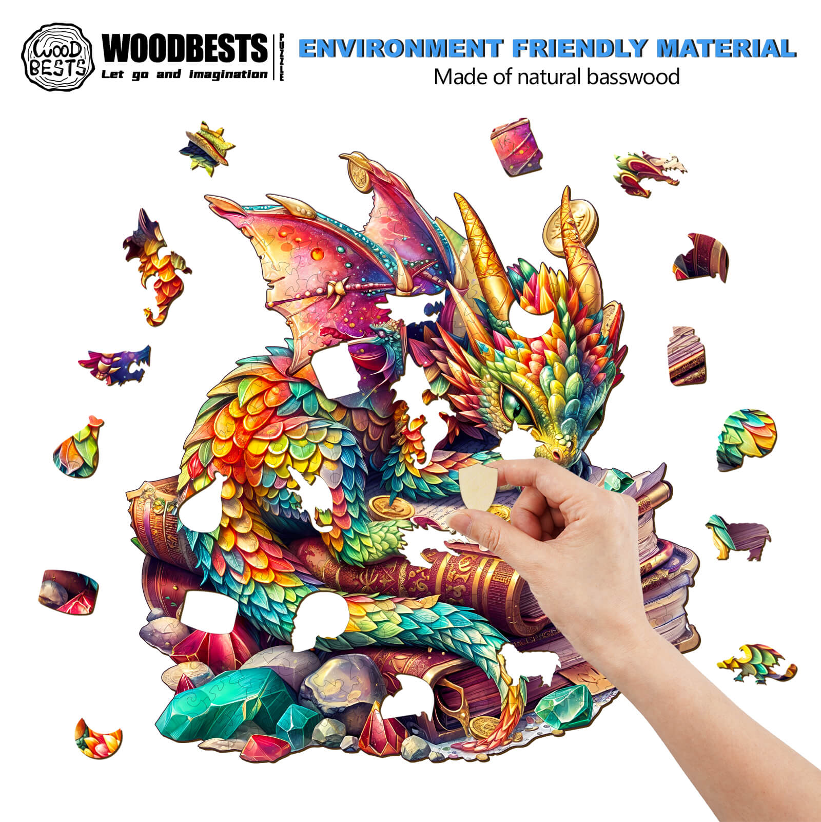 Jeweled Dragon Wooden Jigsaw Puzzle made of natural basswood, featuring a colorful dragon and puzzle pieces.