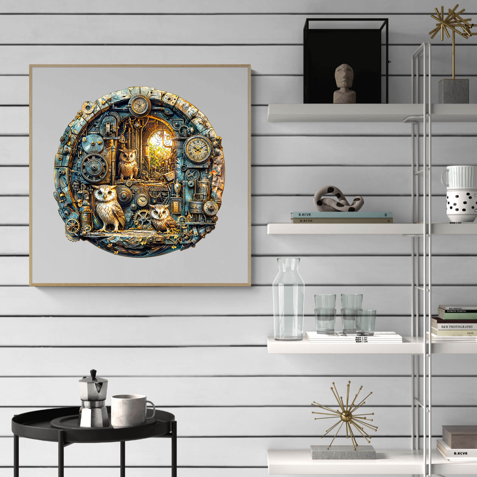Steampunk Owl wooden jigsaw puzzle displayed on a modern shelf, showcasing intricate details and imaginative design.