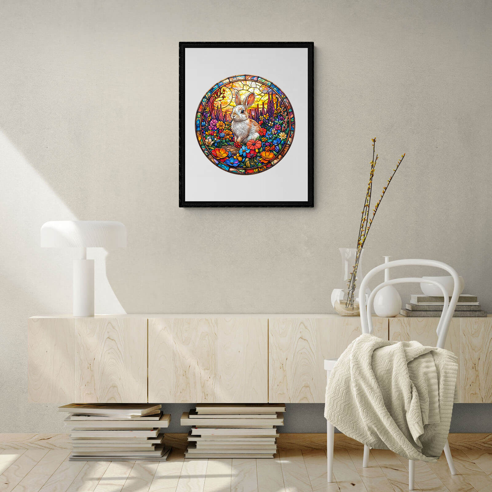 Vibrant Flower Field Rabbit jigsaw puzzle artwork framed on a wall in a modern living room setting.