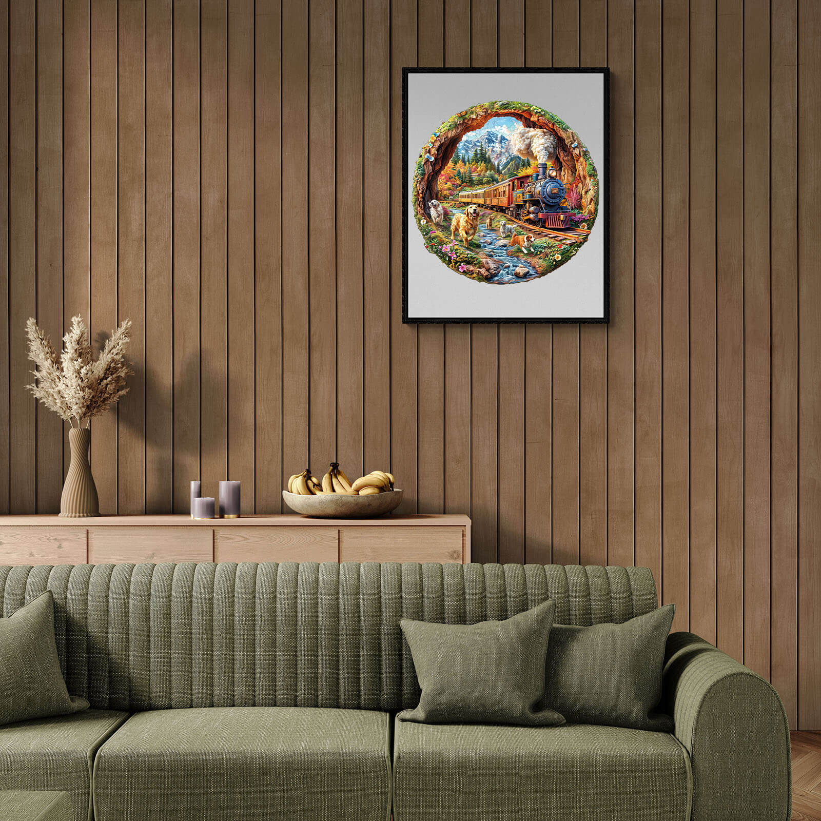 3D Racing the Train-1 wooden jigsaw puzzle artwork displayed in a cozy living room setting with a green sofa.