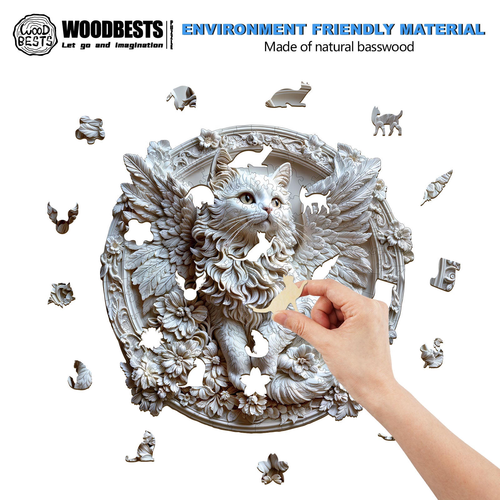 3D angel cat wooden jigsaw puzzle made from natural basswood, showcasing focus-enhancing, eco-friendly creativity.