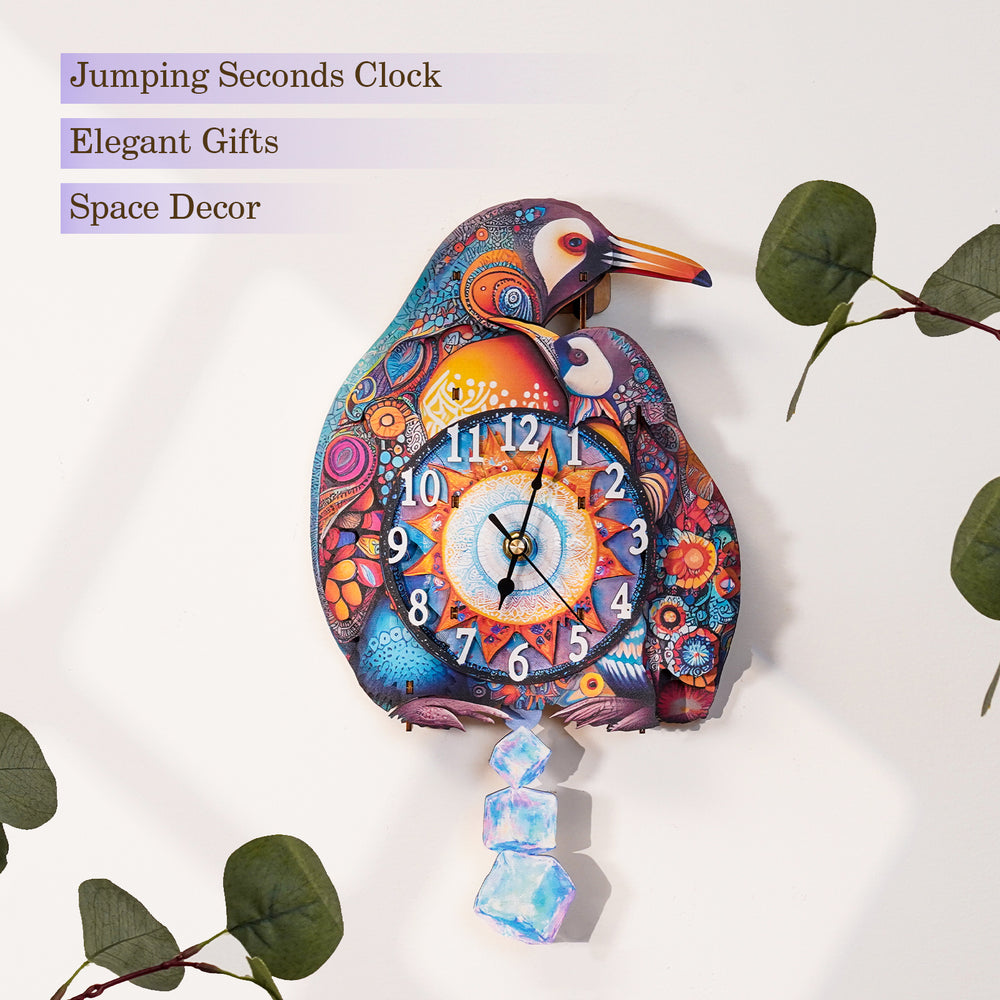 Colorful jumping seconds clock designed like penguins, perfect for elegant gifts and unique space decor.