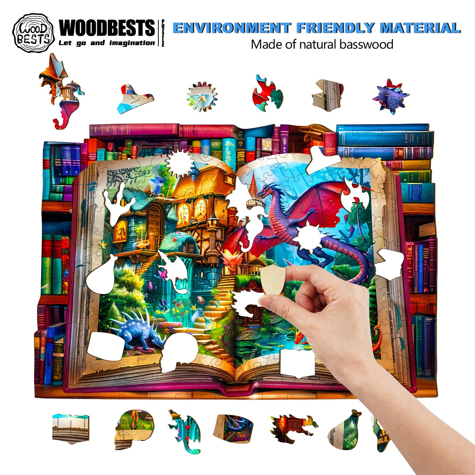 Fantasy world jigsaw puzzle in a book design, made from eco-friendly natural basswood for engaging mind games.
