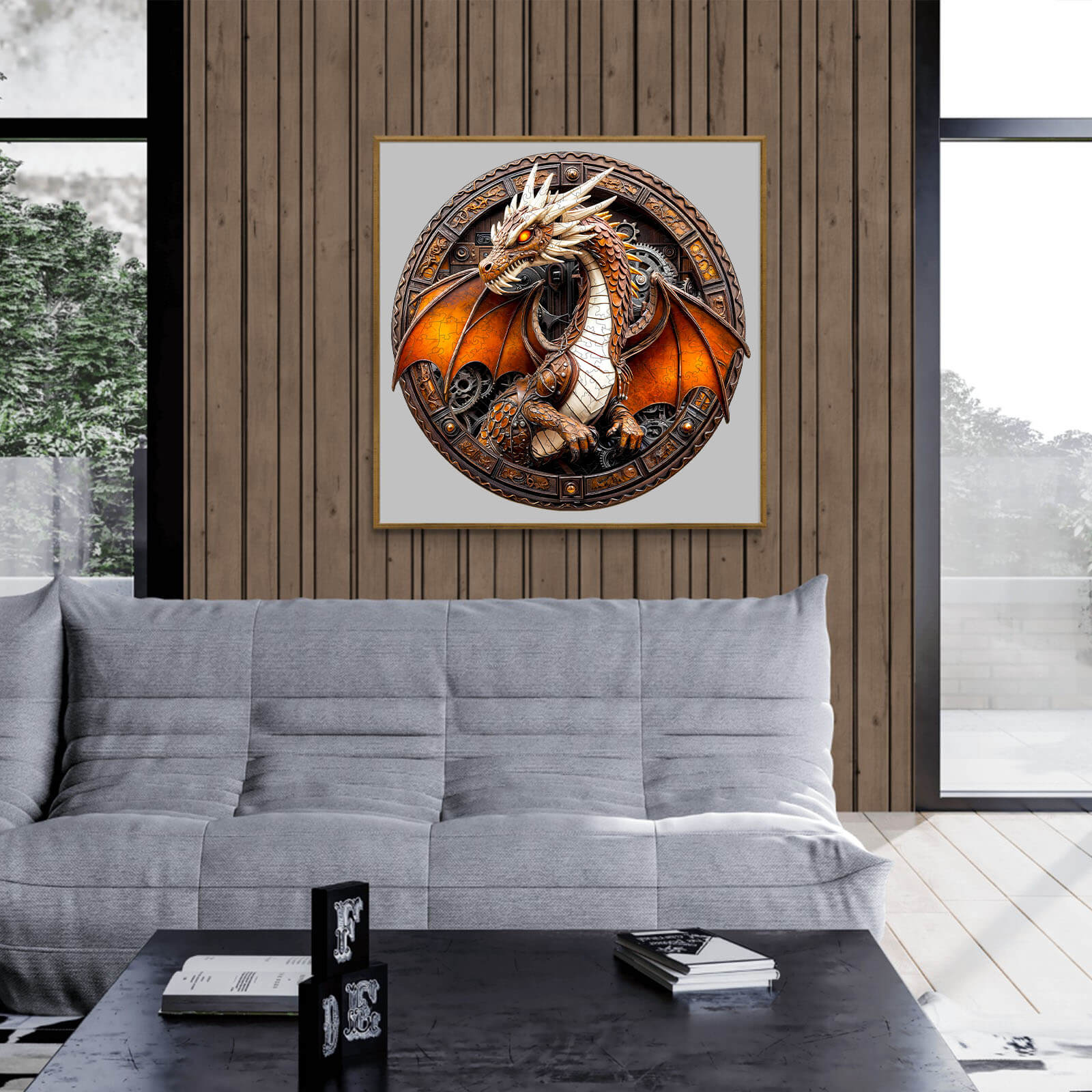 3D Mechanical Dragon artwork displayed in a modern living room with wooden walls and stylish furniture.