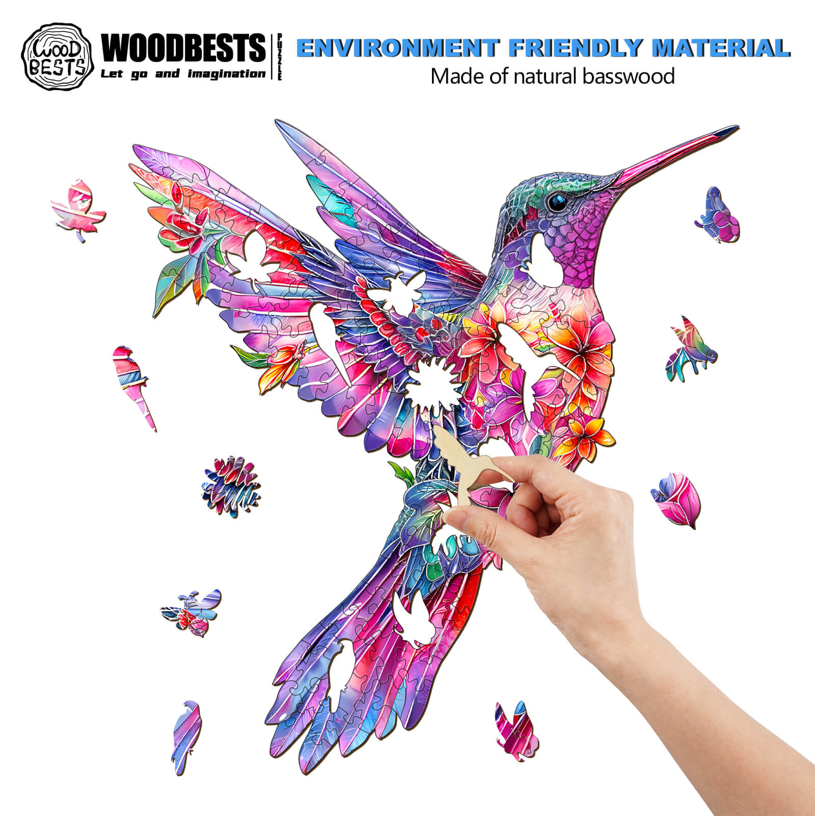 Hand completing the Hummingbird-3 wooden jigsaw puzzle made from natural basswood, showcasing colorful design and eco-friendly material.