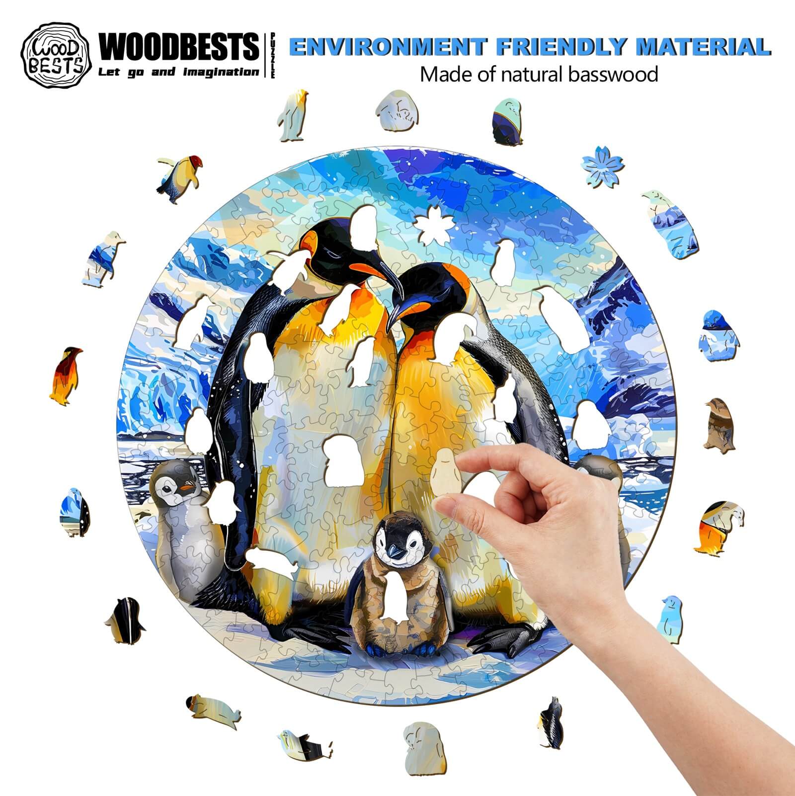Hand placing a piece in the Penguin family-2 wooden jigsaw puzzle, made from natural basswood.