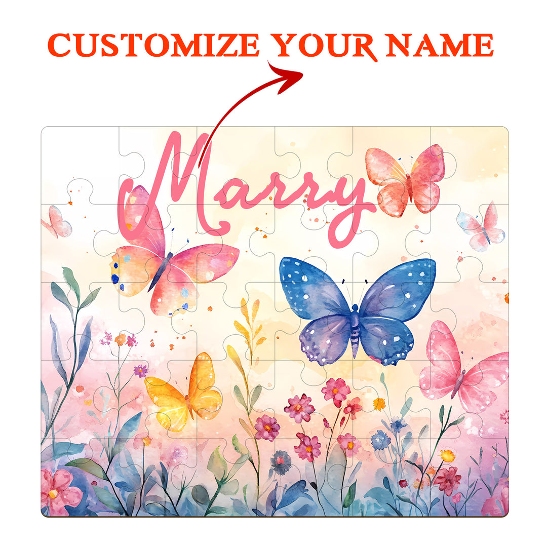 Butterfly in the flowers - Children's Name Custom Wooden Jigsaw Puzzle