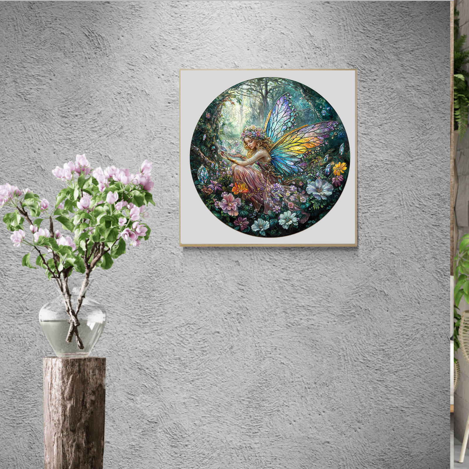 Colorful fairy surrounded by flowers in a magical forest, ideal for enchanting home decor and puzzle lovers.