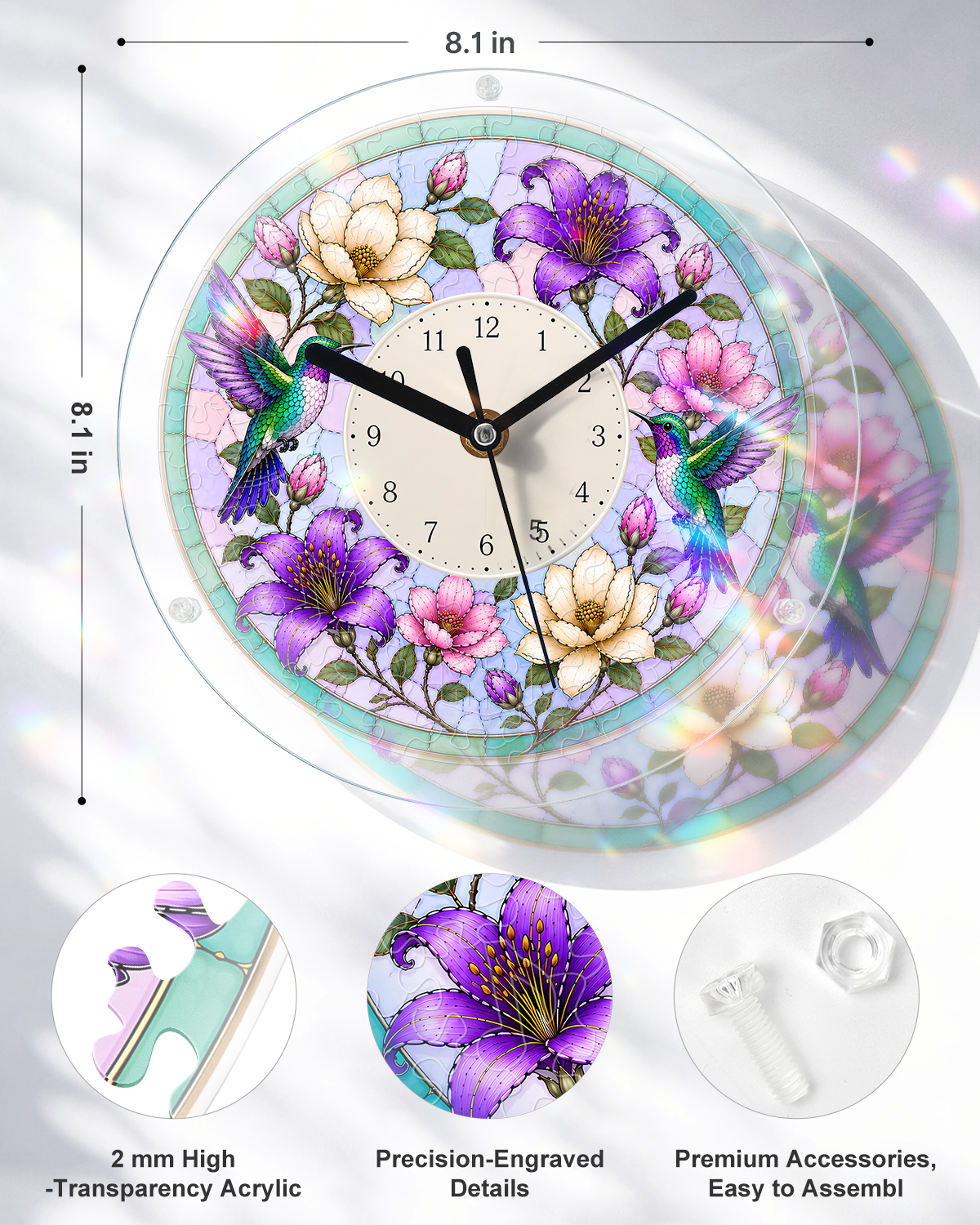DIY Acrylpuzzle-Uhr Bausatz - Frühling Kolibris Blüte