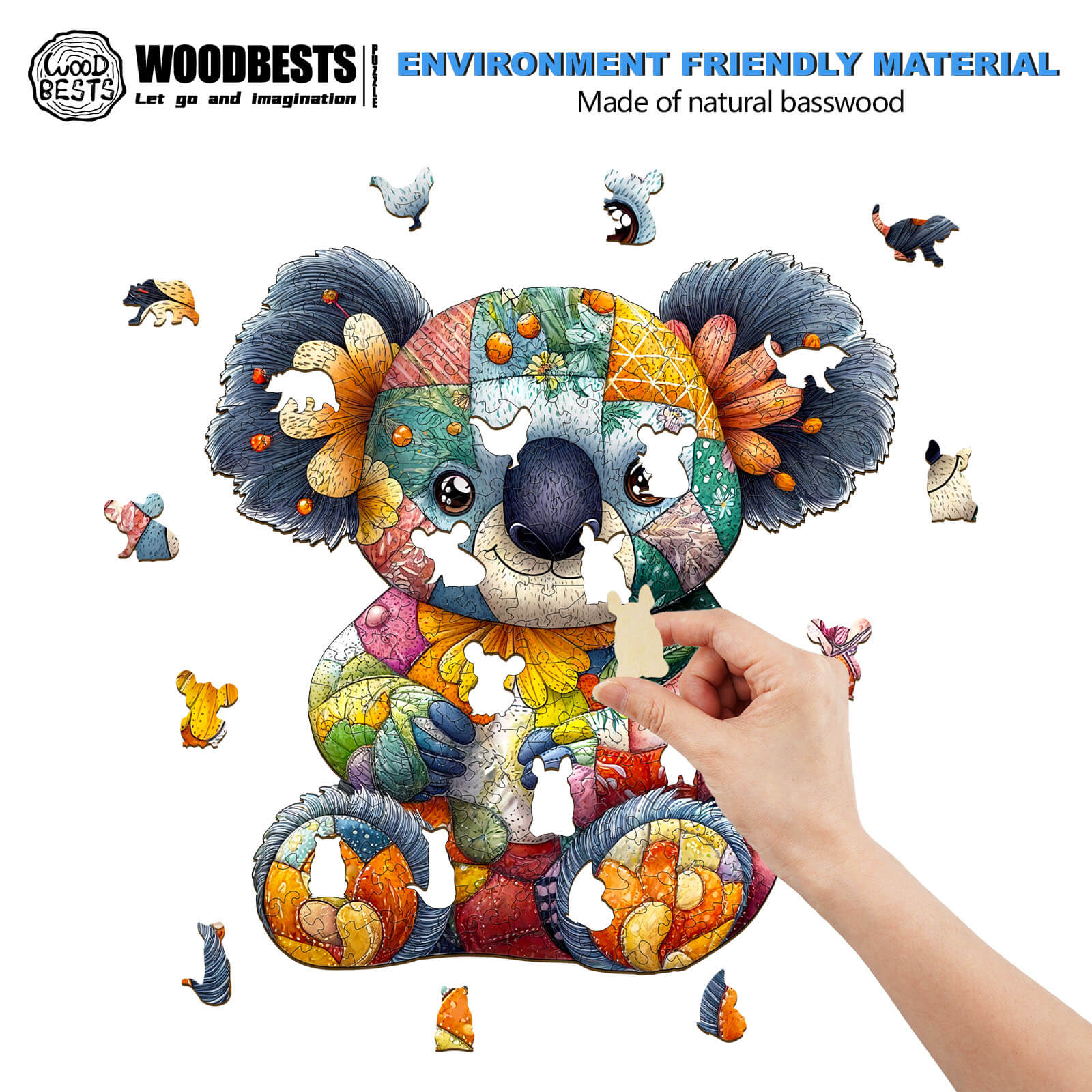 A person assembling a colorful Patchwork Koala wooden jigsaw puzzle made from natural basswood, focusing on creativity and fun.