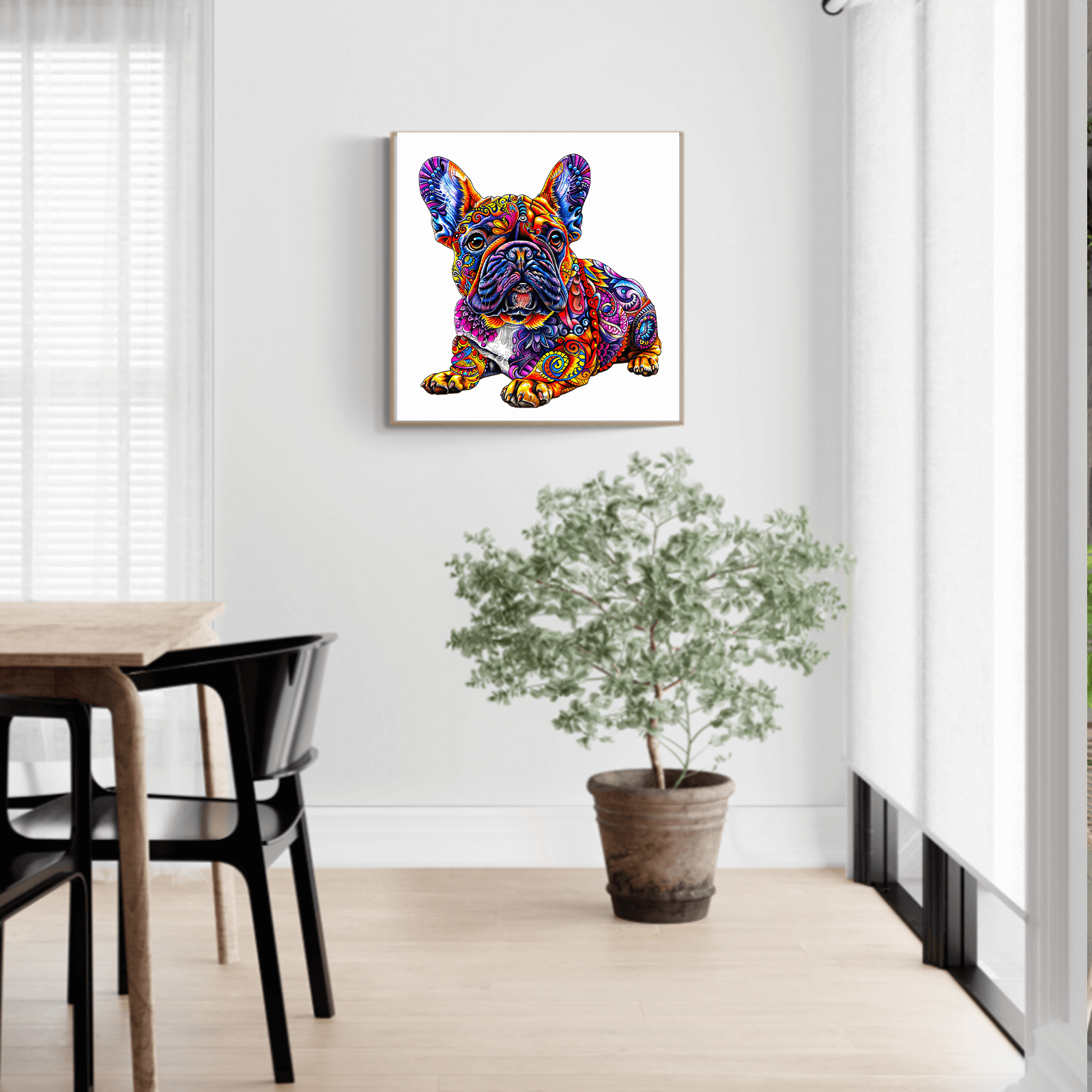 Colorful French Bulldog artwork displayed in a modern interior with a plant and dining table.