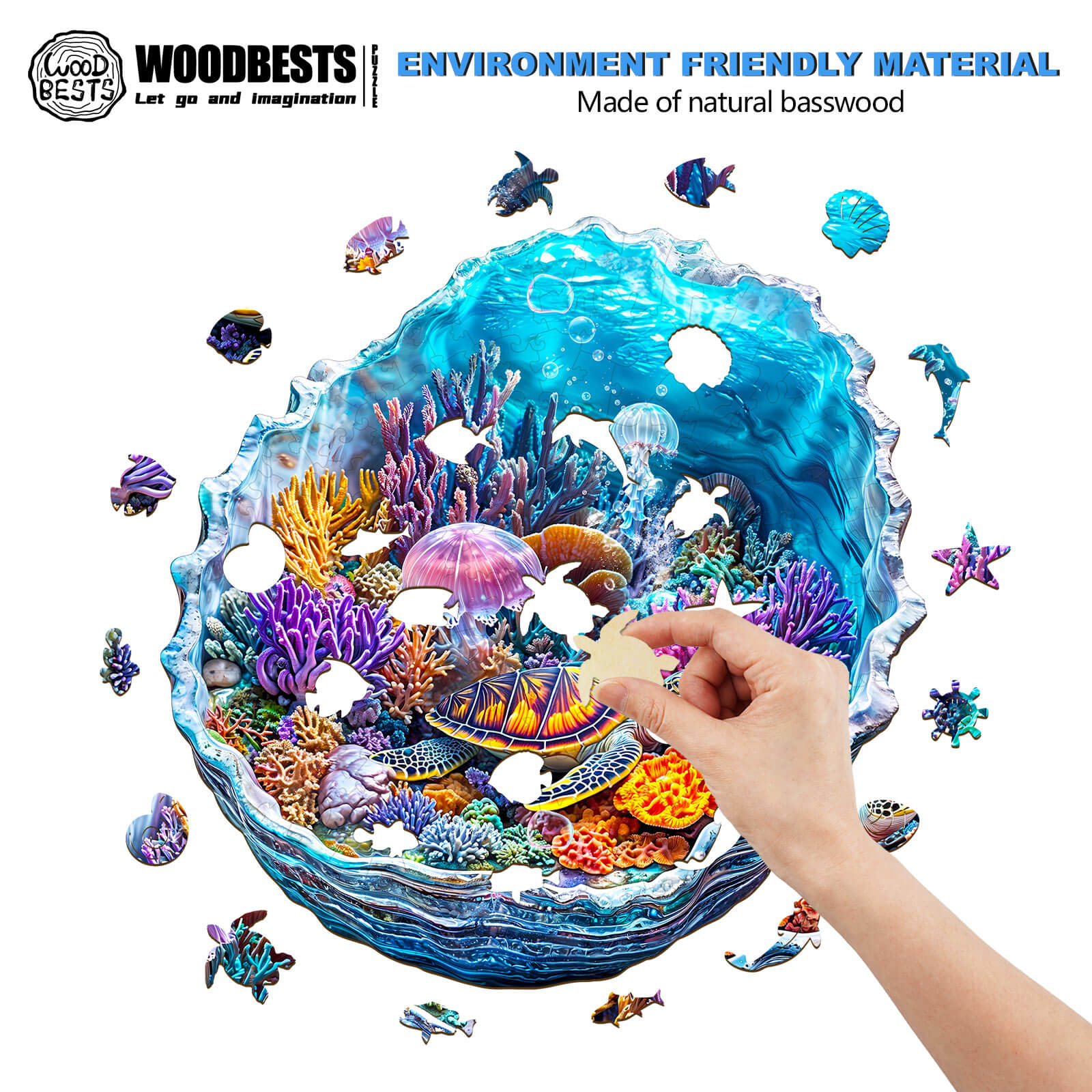 3D Ocean's Embrace wooden jigsaw puzzle, showcasing vibrant ocean scene and pieces made from natural basswood.