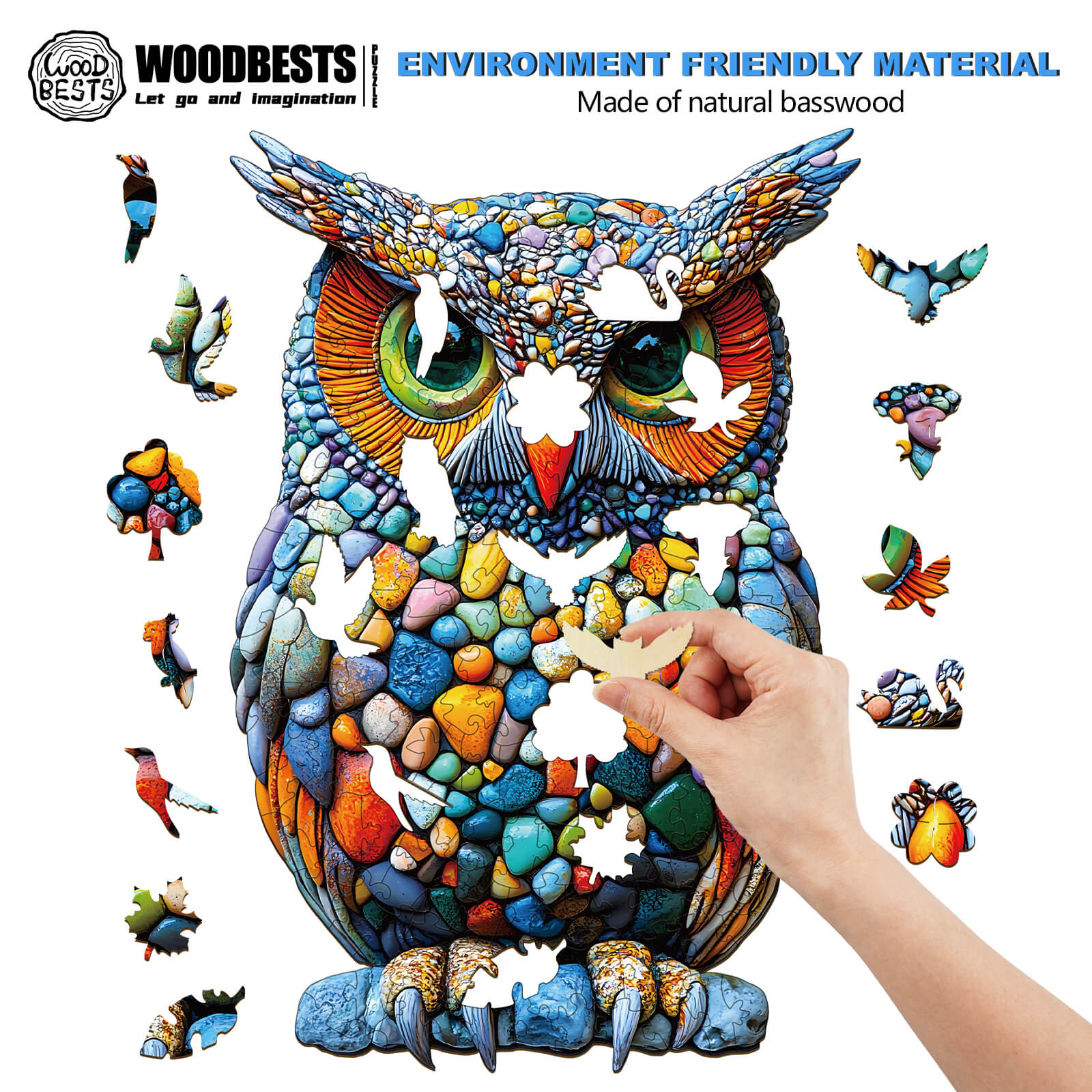 Colorful stone owl wooden jigsaw puzzle with vibrant pieces, promoting focus and cognitive skills through engaging gameplay.