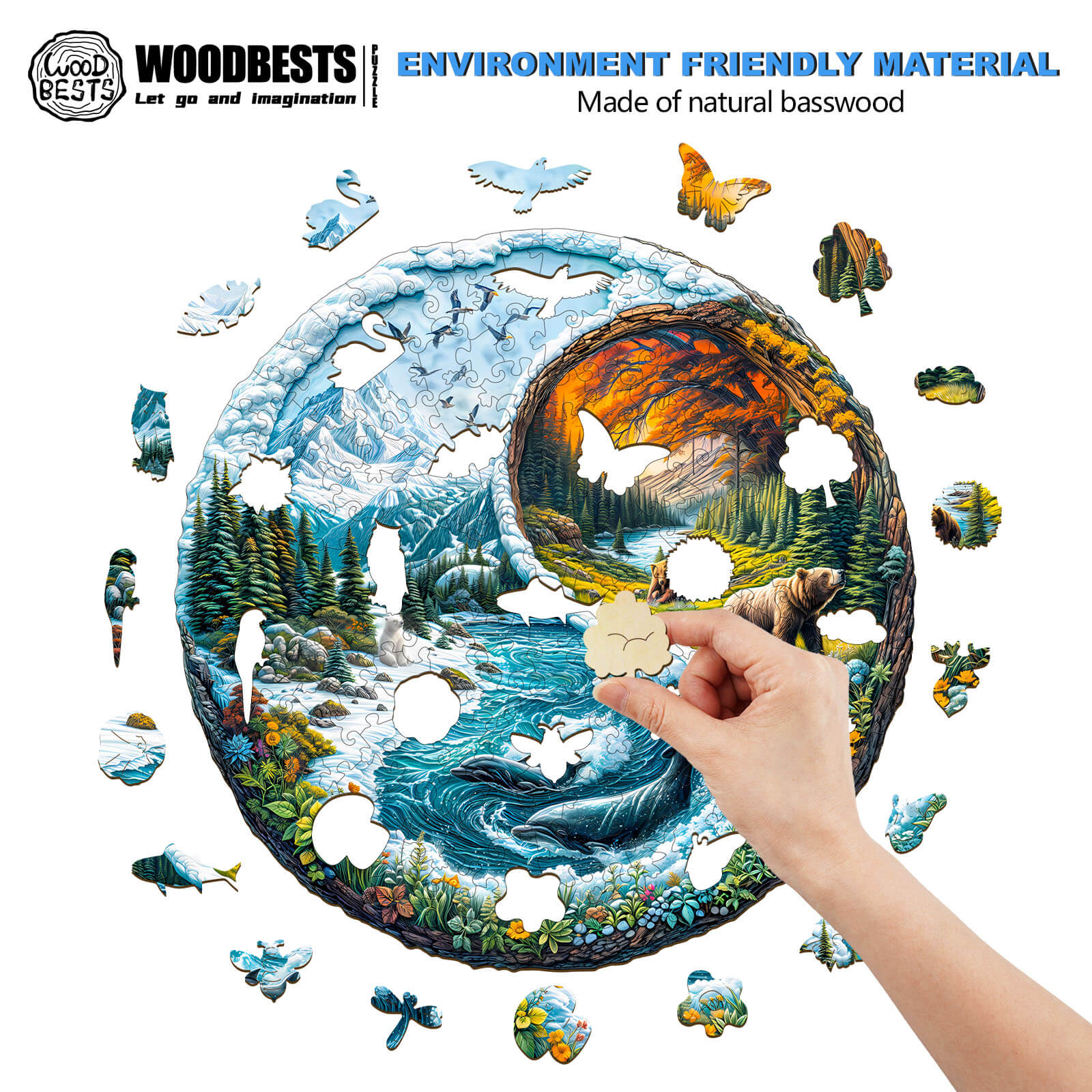 Hand assembling a Yin yang glacial forest wooden jigsaw puzzle, highlighting nature scenes and intricate designs.
