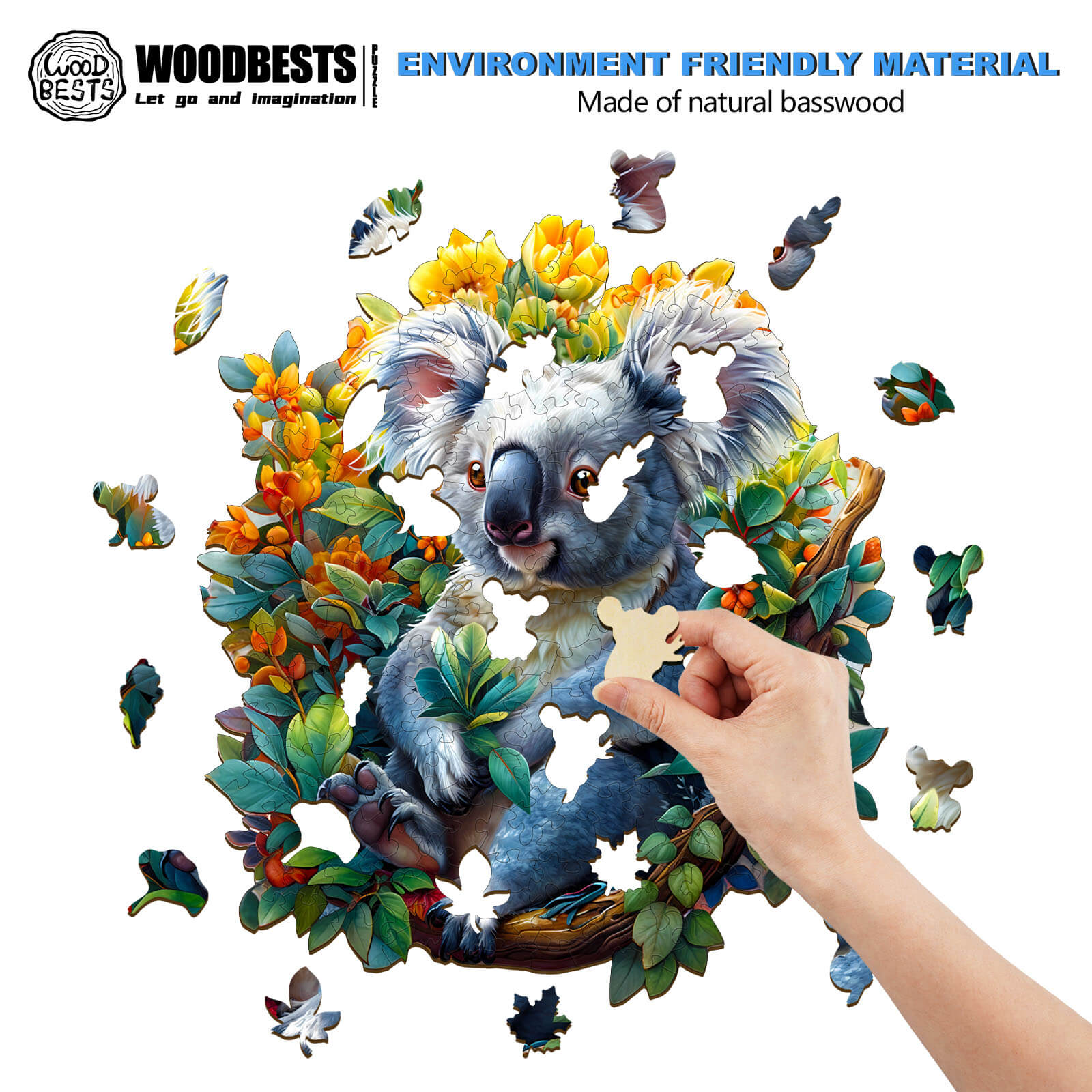 Hand placing a piece in a Koala wooden jigsaw puzzle made from eco-friendly natural basswood.