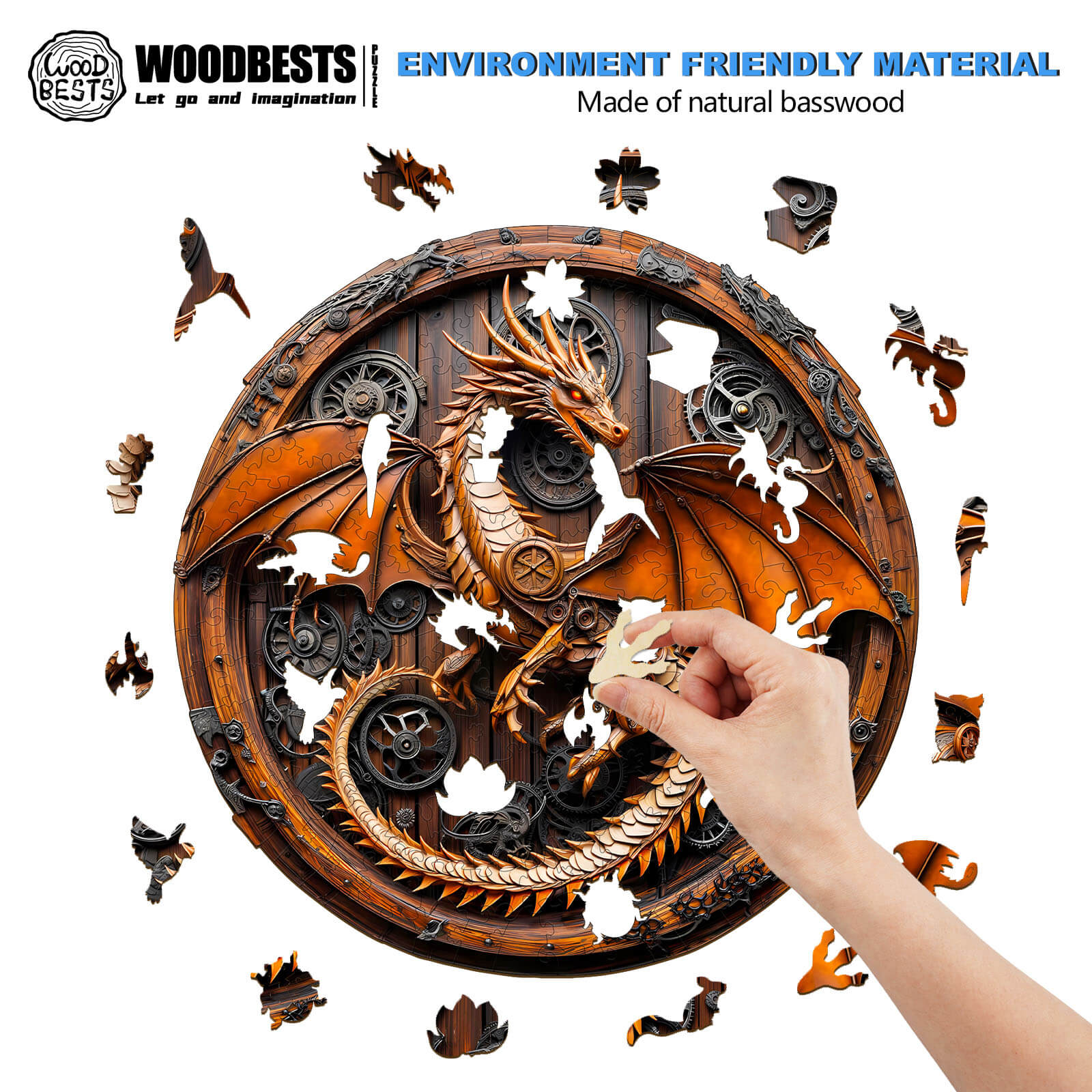 Person assembling the 3D Mechanical Dragon-1 wooden jigsaw puzzle made of natural basswood, showcasing intricate design.