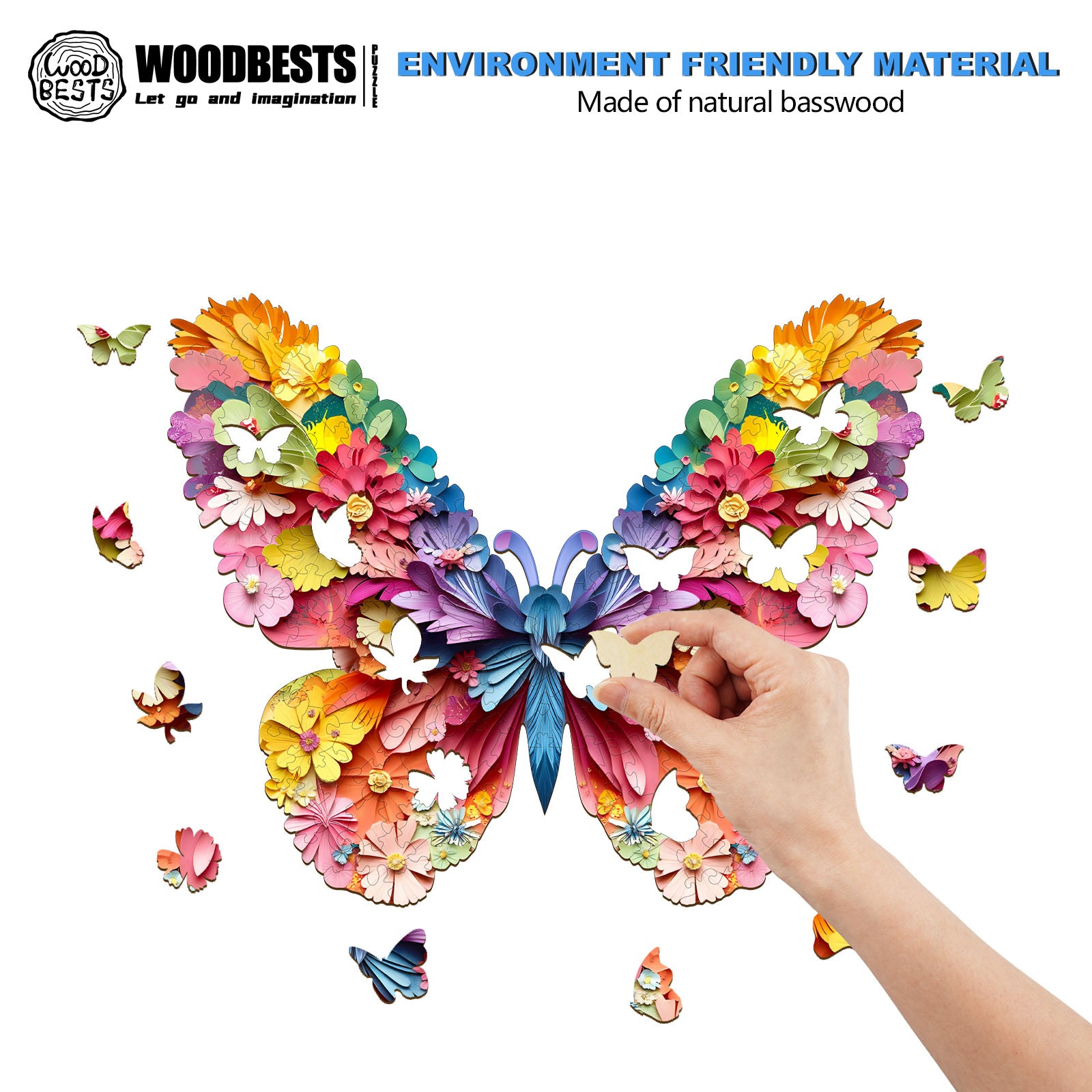 Person assembling a 3D colorful butterfly wooden jigsaw puzzle made of natural basswood.