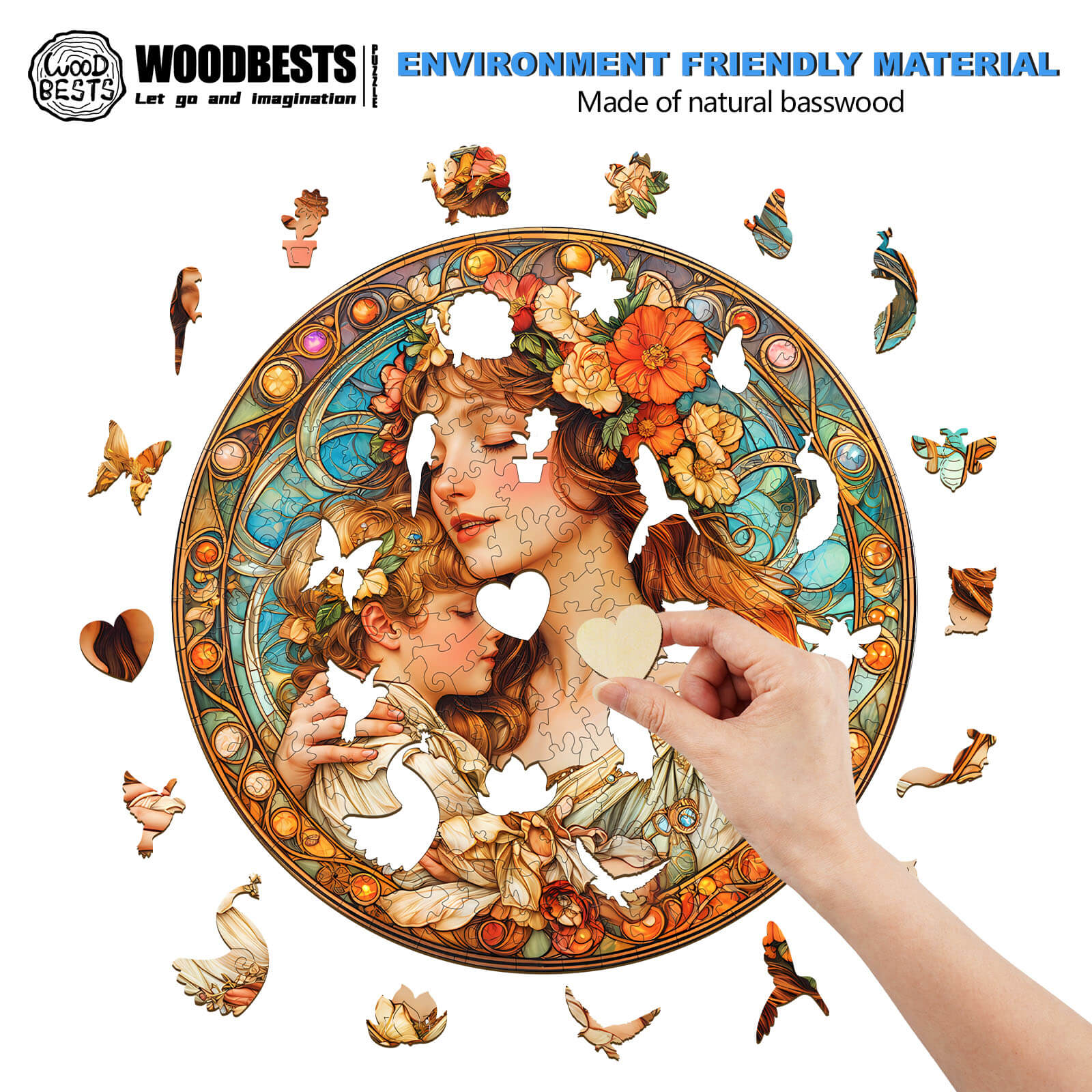 Person placing a piece in a colorful Maternal Love wooden jigsaw puzzle, highlighting eco-friendly basswood design.