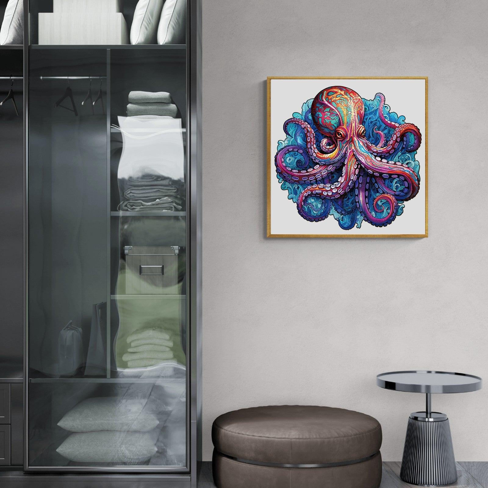 Colorful octopus artwork displayed in a modern living room, adding marine charm to home decor.