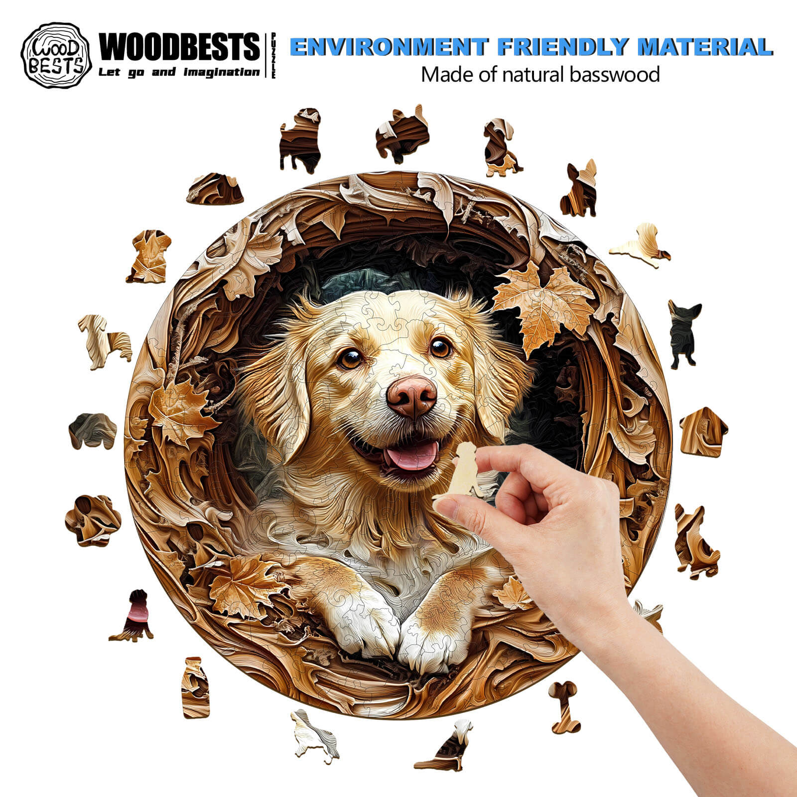 Person assembling a 3D Golden Retriever wooden jigsaw puzzle made of natural basswood, featuring playful dog pieces.