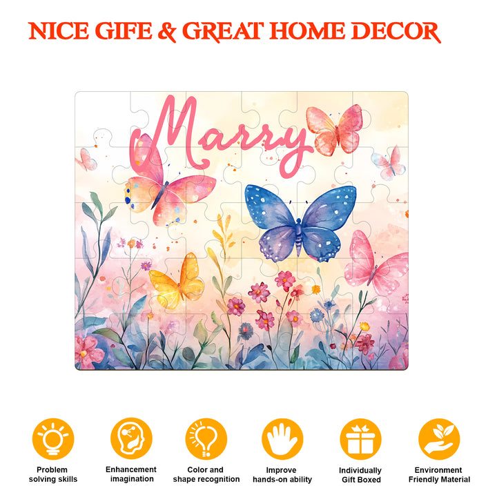 Butterfly in the flowers - Children's Name Custom Wooden Jigsaw Puzzle