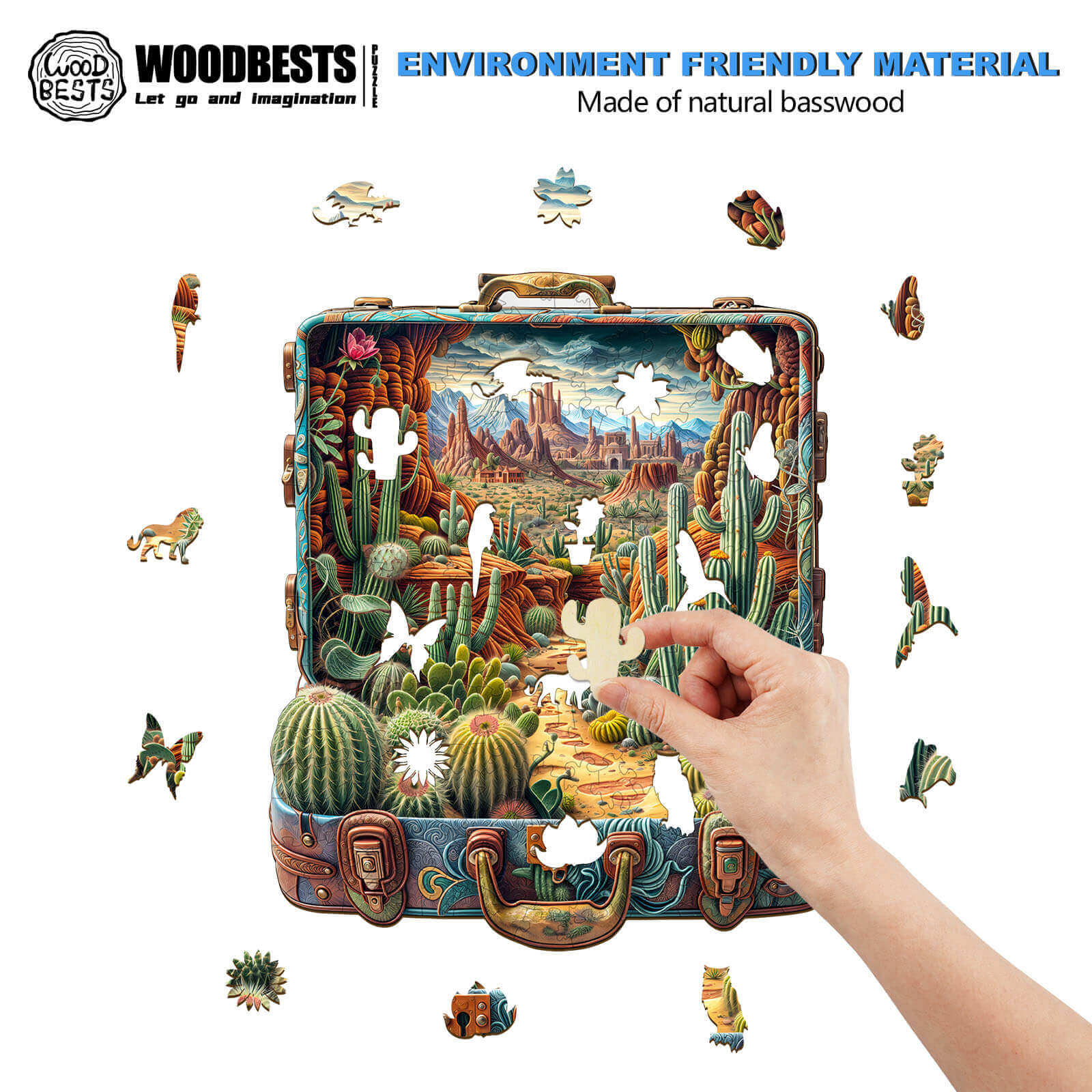 Person assembling the Desert Odyssey-2 wooden jigsaw puzzle, eco-friendly and made from natural basswood.