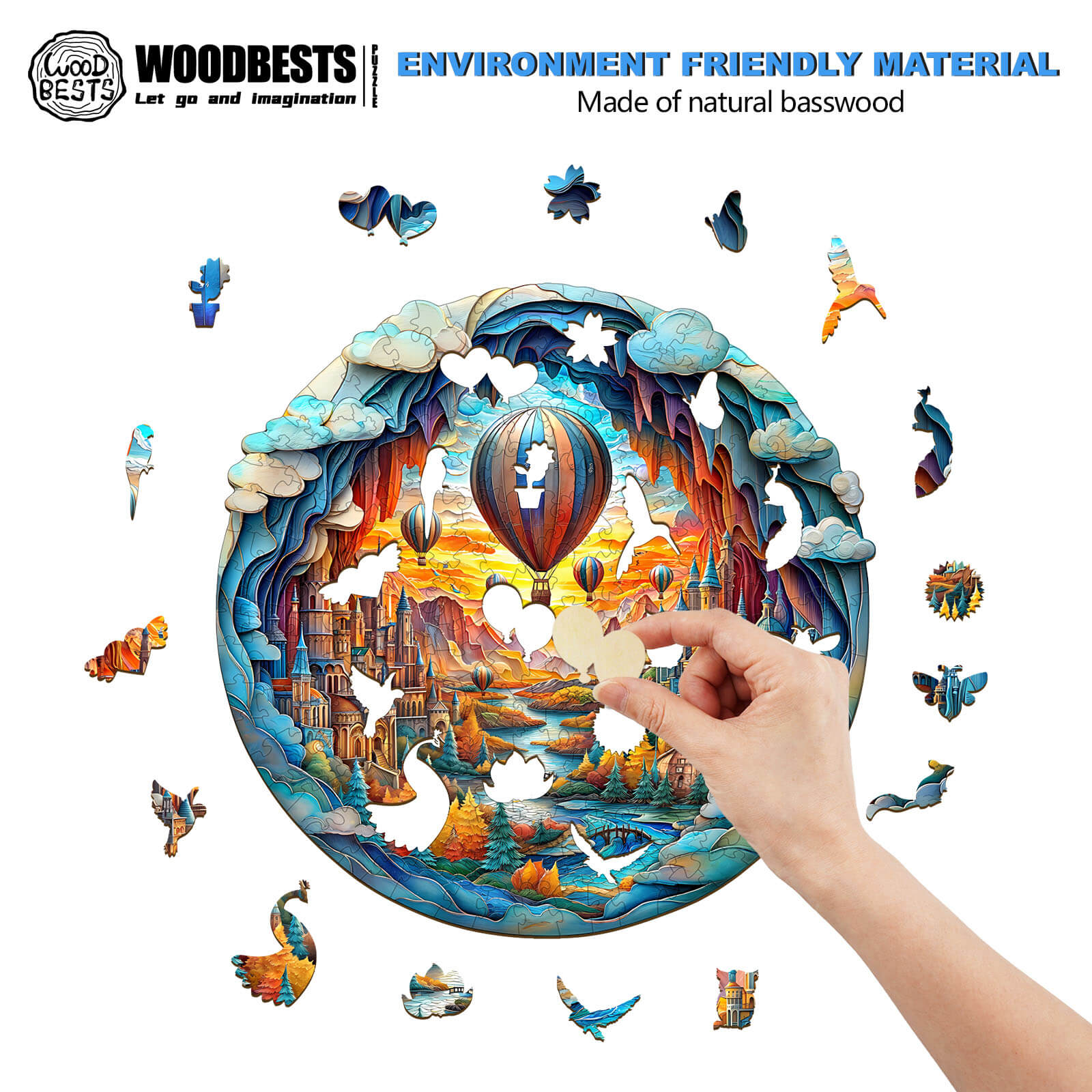 Hand assembling a 3D Balloon Town wooden jigsaw puzzle made of natural basswood, enhancing focus and creativity.