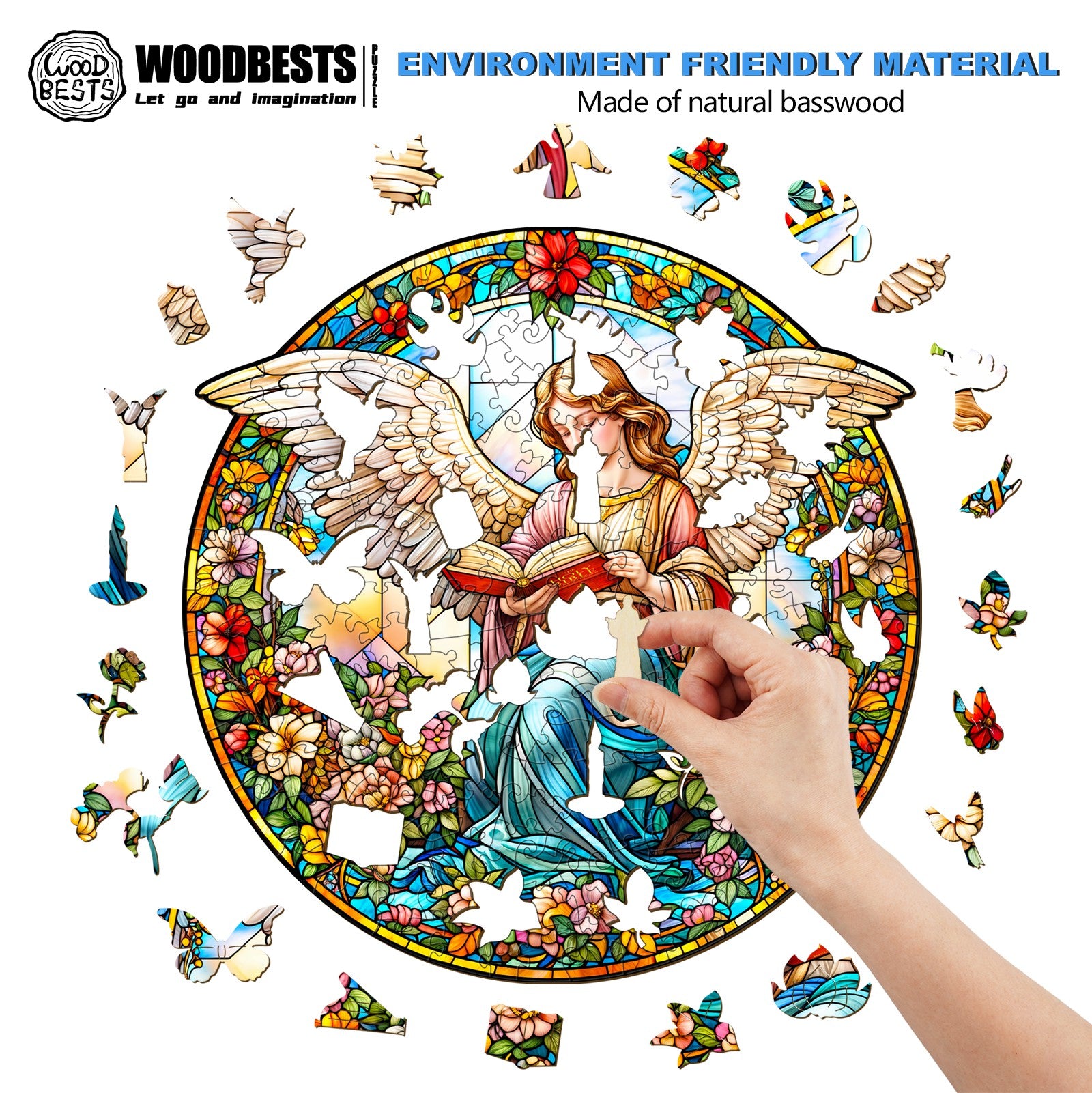 Angelic Garden Wooden Jigsaw Puzzle showcasing vibrant natural wood pieces, enhancing focus and cognitive skills.