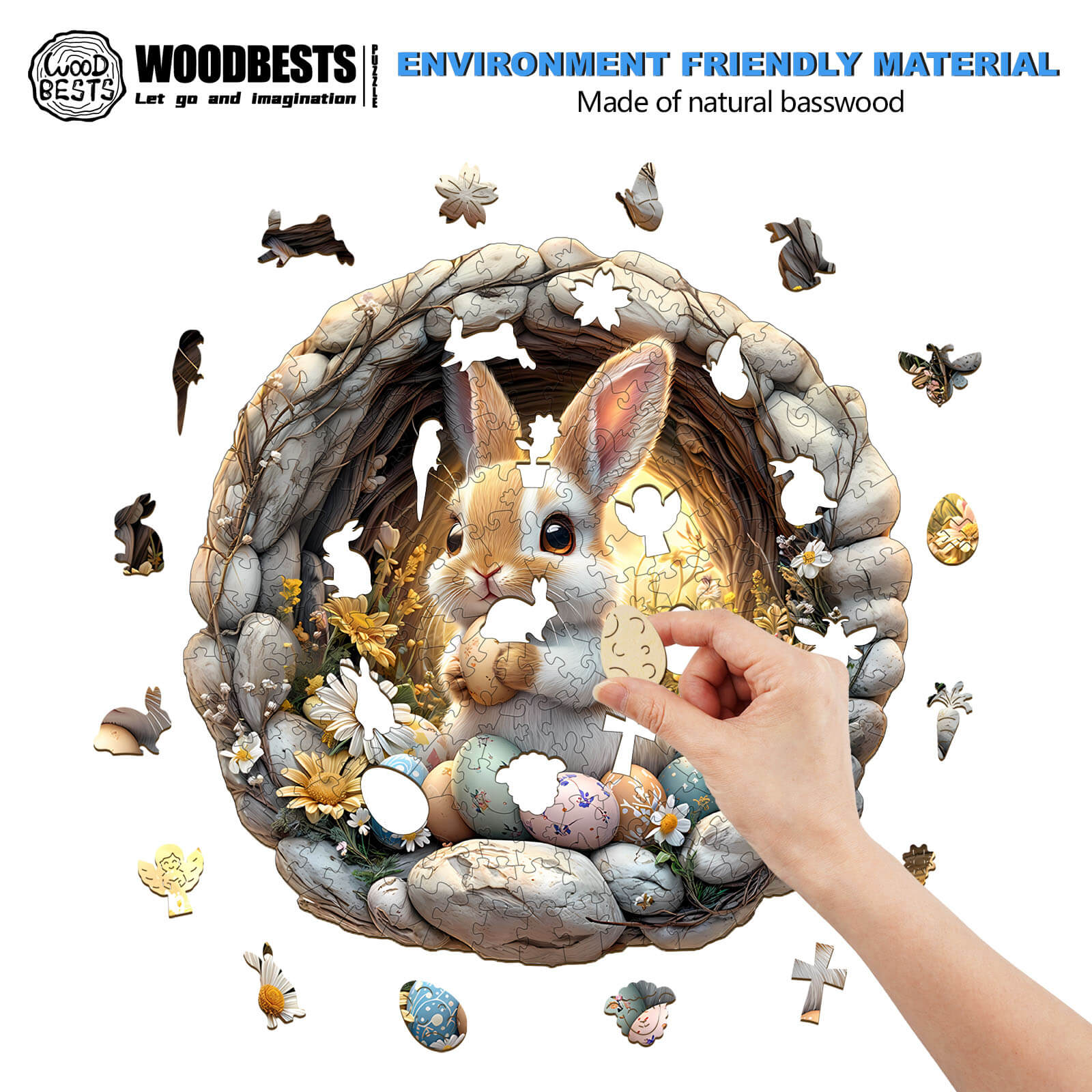 3D Cave Easter Bunny wooden jigsaw puzzle, eco-friendly basswood, engaging mind game for puzzle enthusiasts.