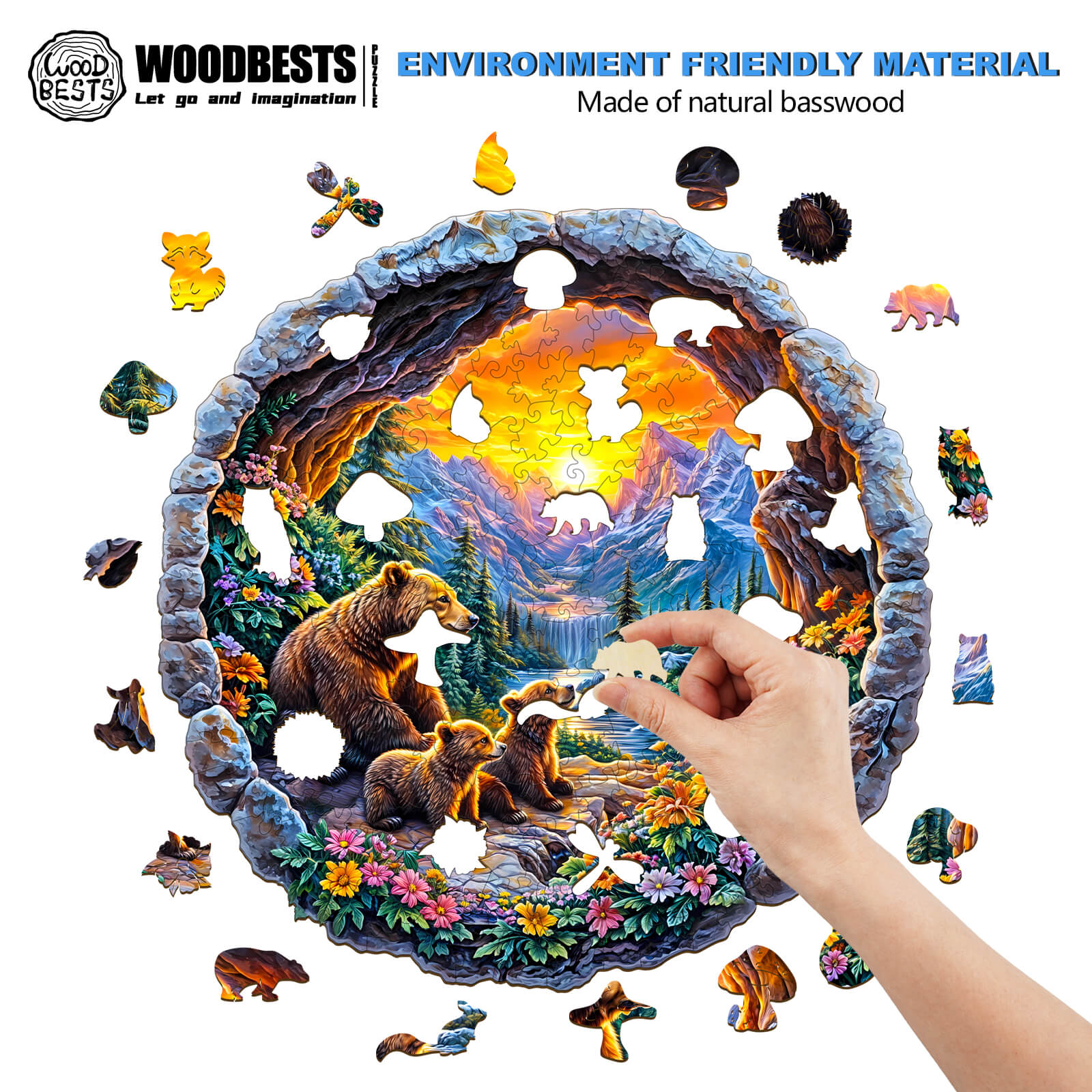 A hand placing a piece in the 3D Bear's Journey wooden jigsaw puzzle featuring wildlife and a colorful forest scene.