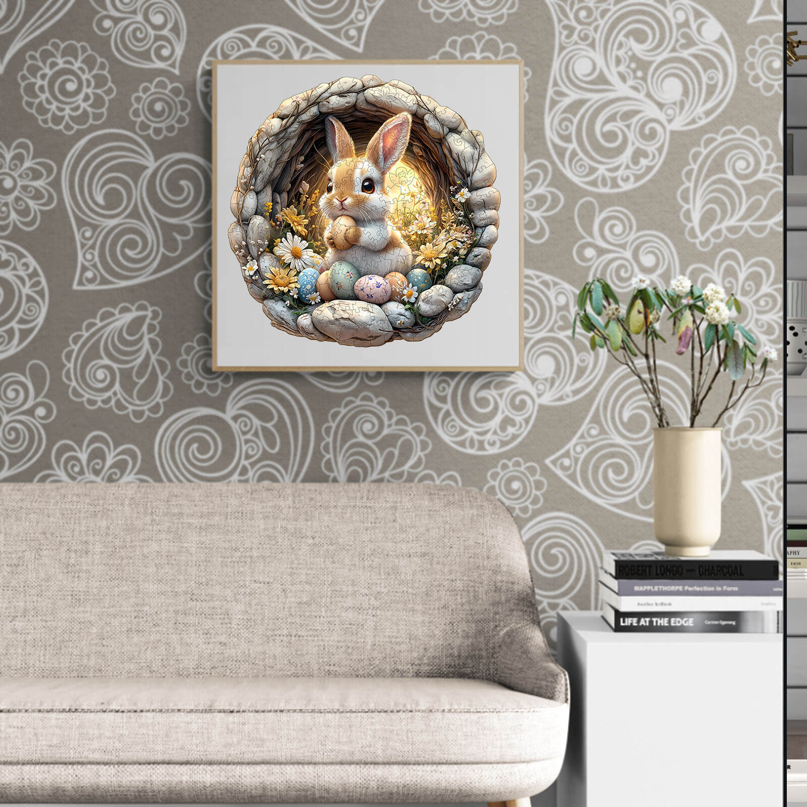 3D Cave Easter Bunny wooden jigsaw puzzle displayed in a cozy living room, enhancing decor and providing mind game fun.