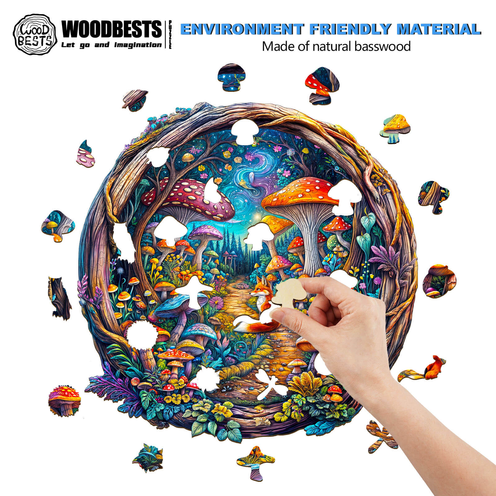3D Mushroom Forest wooden jigsaw puzzle showcasing colorful pieces and a hand assembling the vibrant scene.