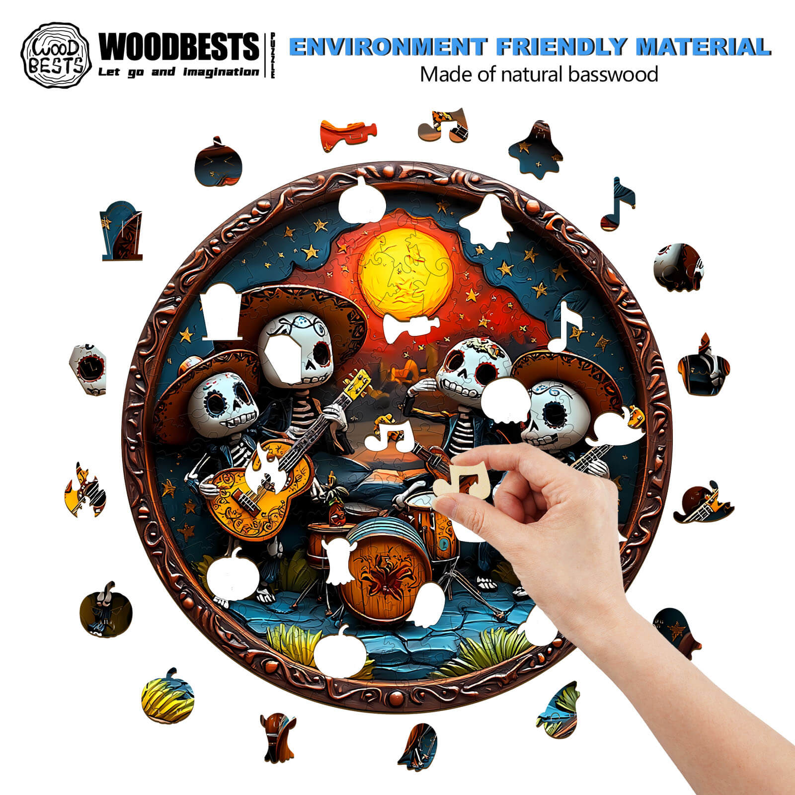 A person assembling a 3D Mexican Bands wooden jigsaw puzzle featuring colorful skeleton musicians on a circular frame.
