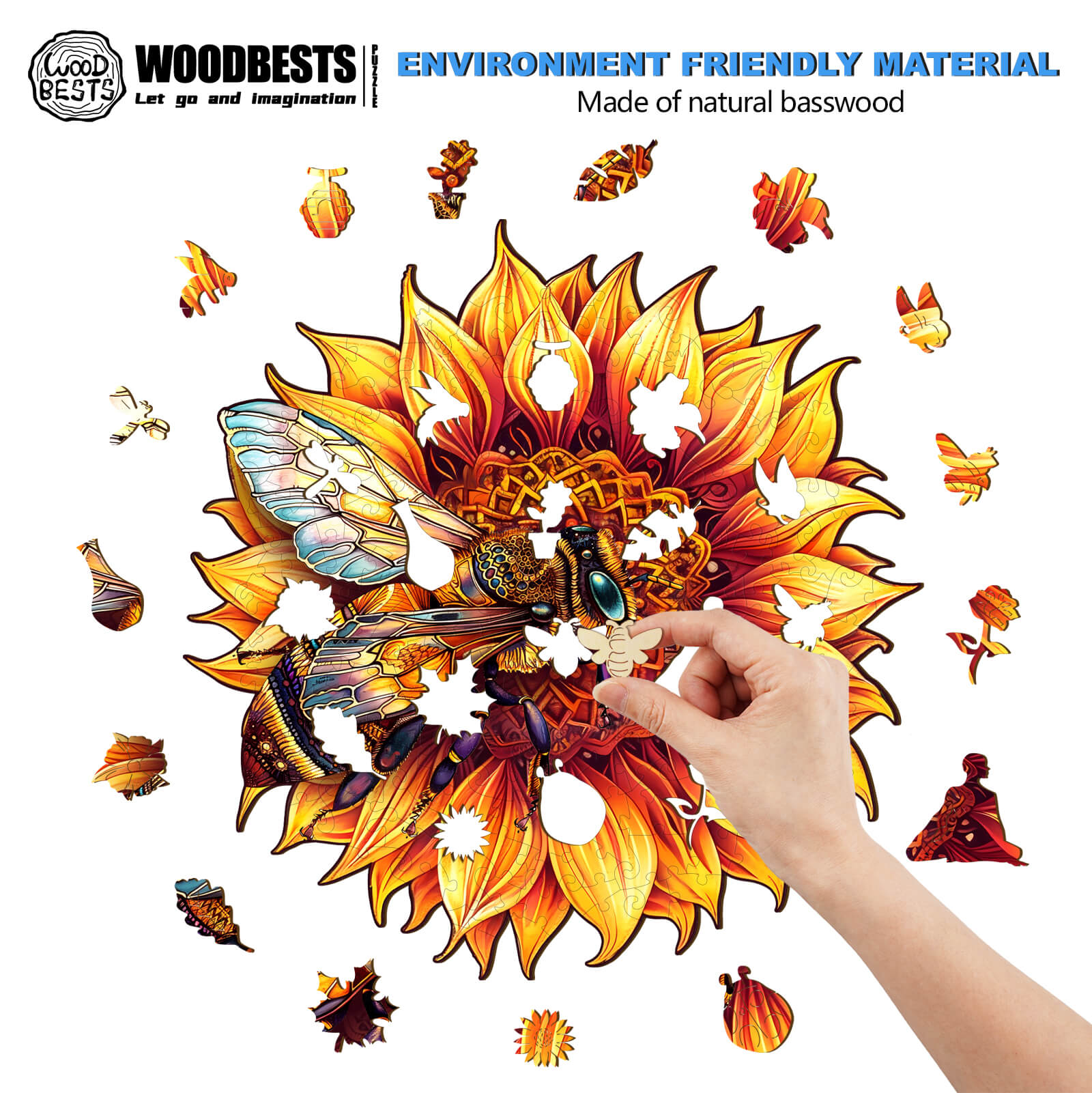 Bee and Sunflower Wooden Jigsaw Puzzle showcasing vibrant artwork with hand placing pieces, made of natural basswood.