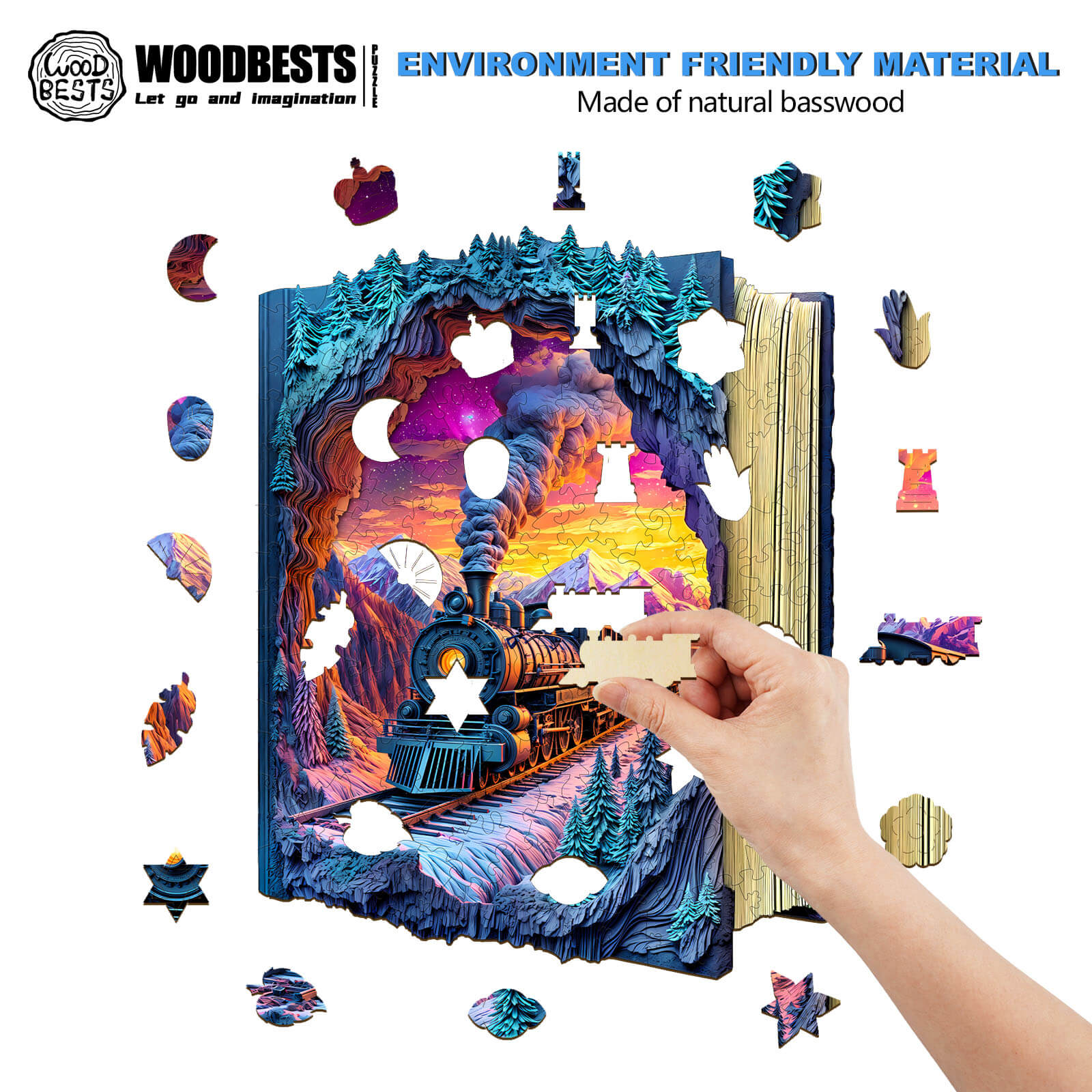 Person assembling a 3D Aurora Train wooden jigsaw puzzle from natural basswood, colorful landscape scene, eco-friendly.