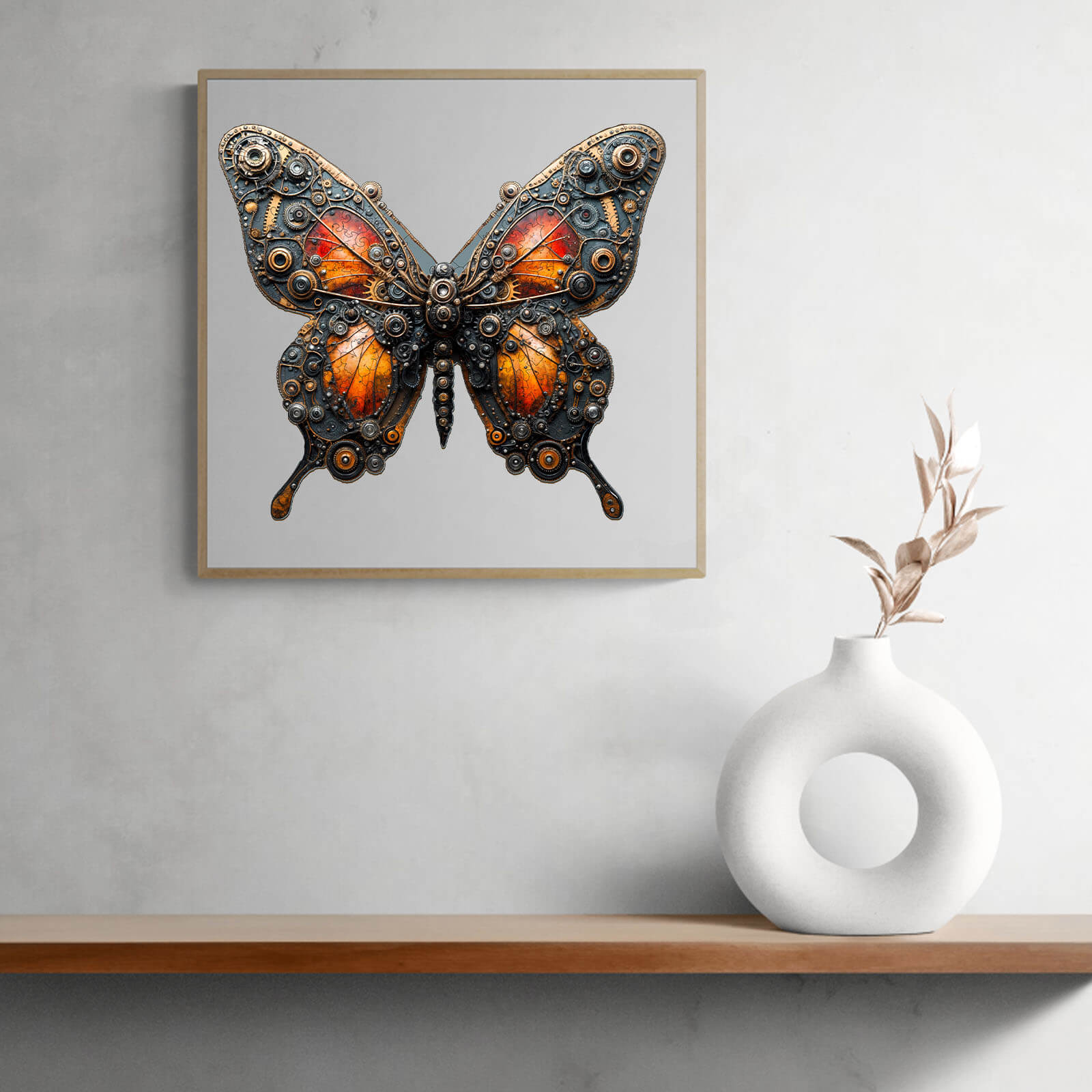 3D mechanical butterfly wooden jigsaw puzzle displayed on a shelf, showcasing intricate design and vibrant colors.