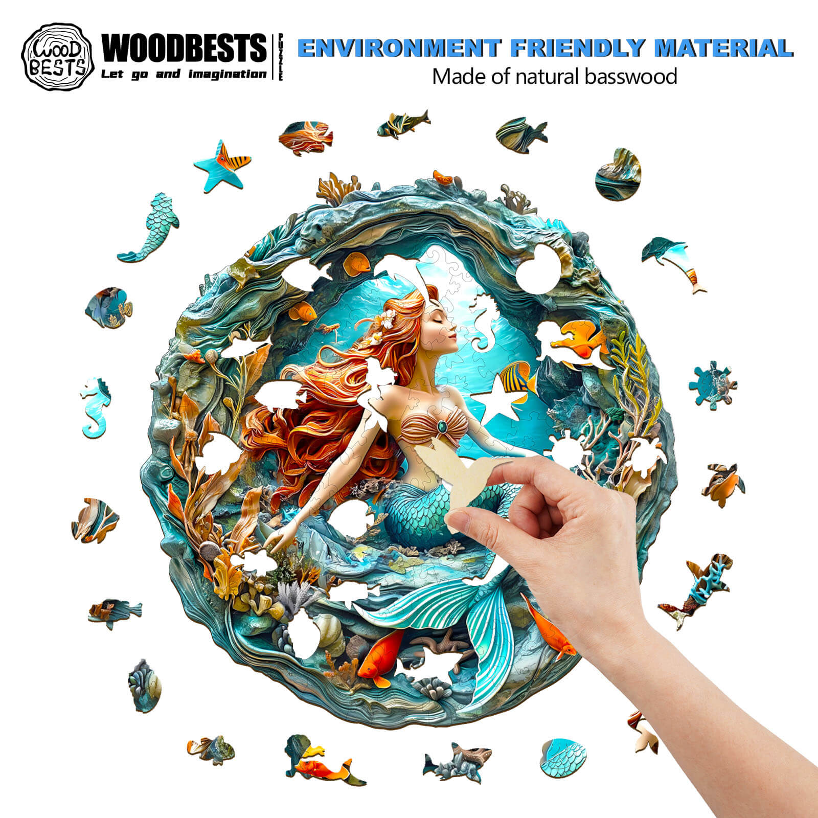 3D Mermaid's Secret Cave wooden jigsaw puzzle made of natural basswood, showcasing vibrant mermaid and underwater scenes.