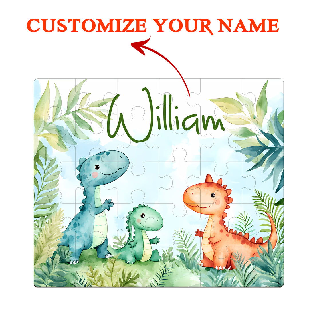 Dinosaur Family - Children's Name Custom Wooden Jigsaw Puzzle