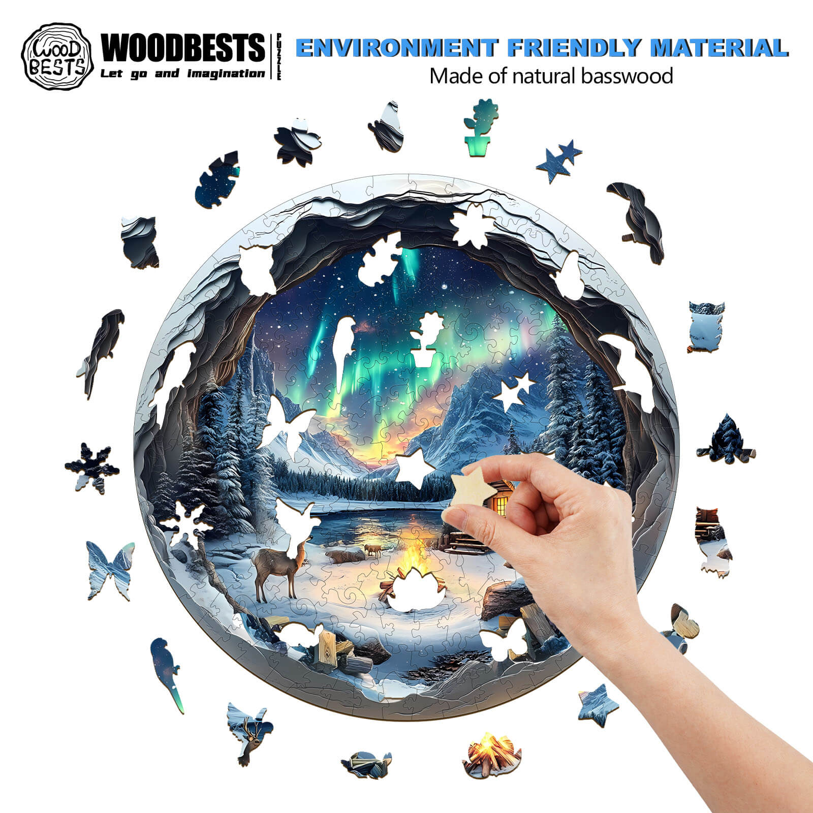 Person assembling a 3D Aurora World Wooden Jigsaw Puzzle made of natural basswood, featuring the Northern Lights.