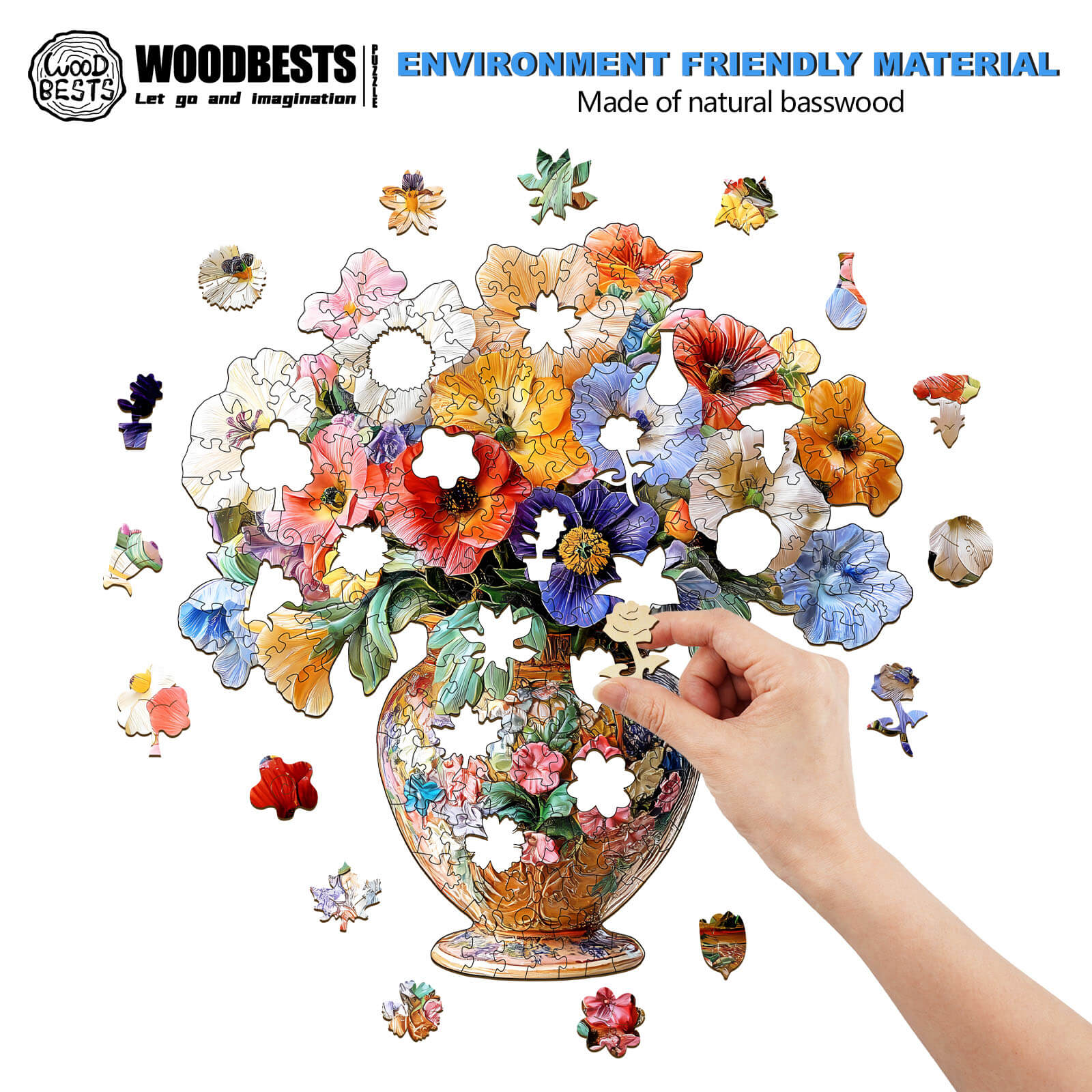 3D Vintage flower jigsaw puzzle made of natural basswood, showcasing vibrant floral designs and puzzle pieces.